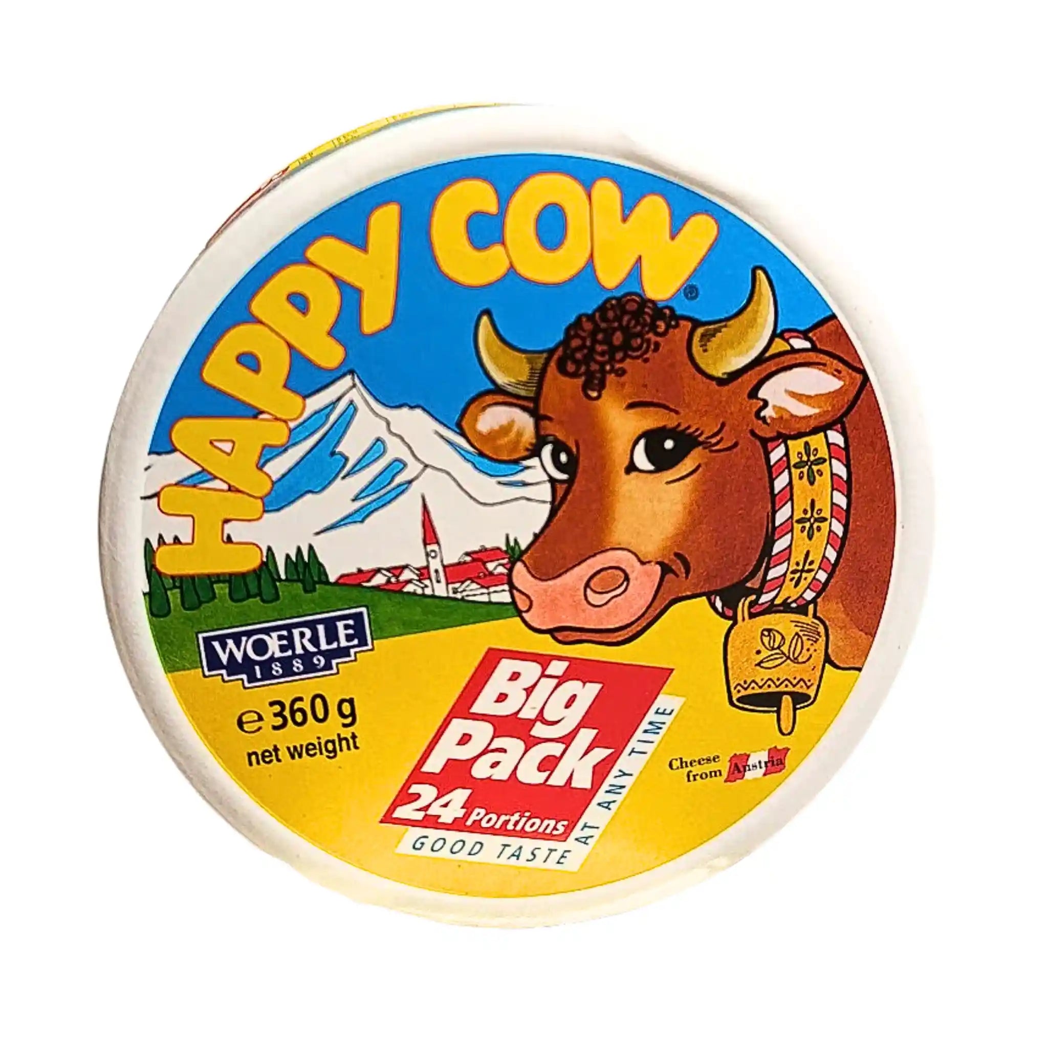 Rund förpackning Happy Cow smältost 360g, 24 portionsbitar, färgglad etikett med ko och alplandskap.