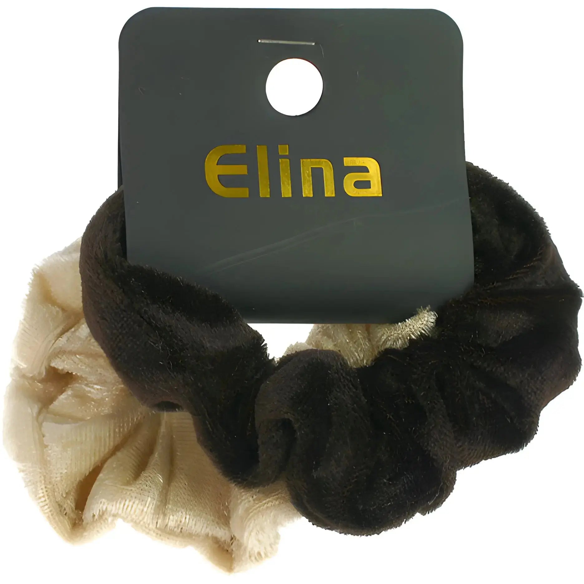 Två sammetsscrunchies, en svart och en beige, på förpackning med Elina-logotyp.