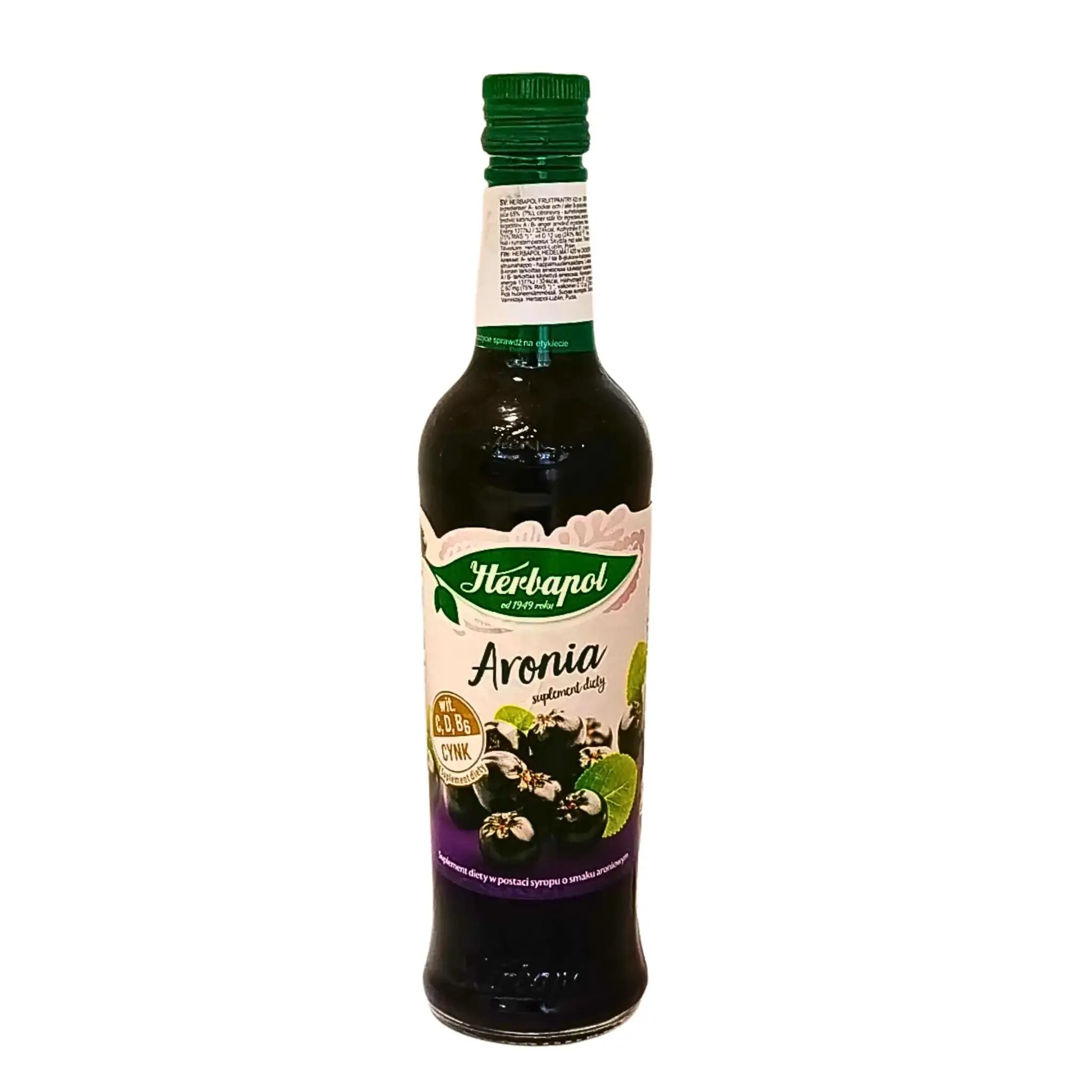 Flaska med aroniabärssirap 420 ml, etikett visar aroniabär och grön kork mot vit bakgrund