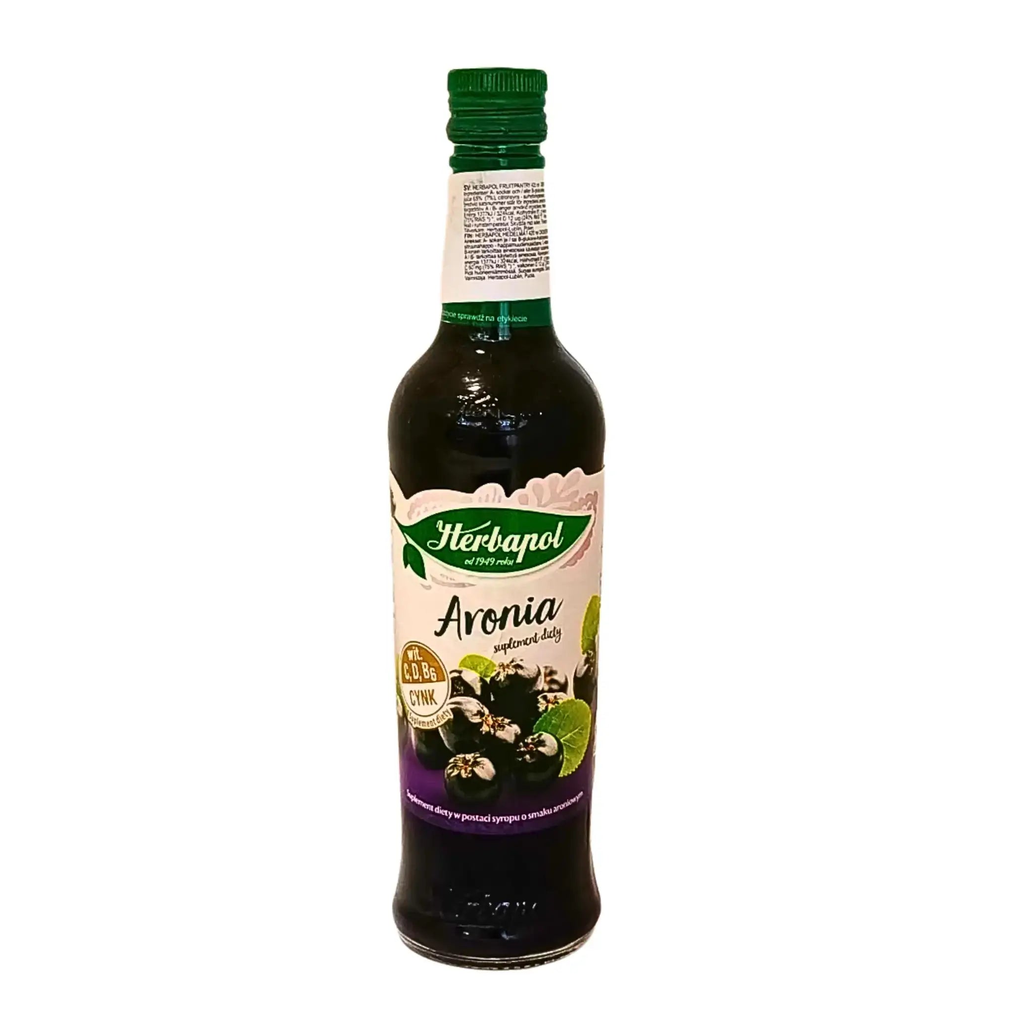 Flaska med aroniabärssirap 420 ml, etikett visar aroniabär och grön kork mot vit bakgrund