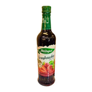 Flaska med jordgubbssirap, Herbapol, 420ml, tydlig etikett med jordgubbar på vit bakgrund