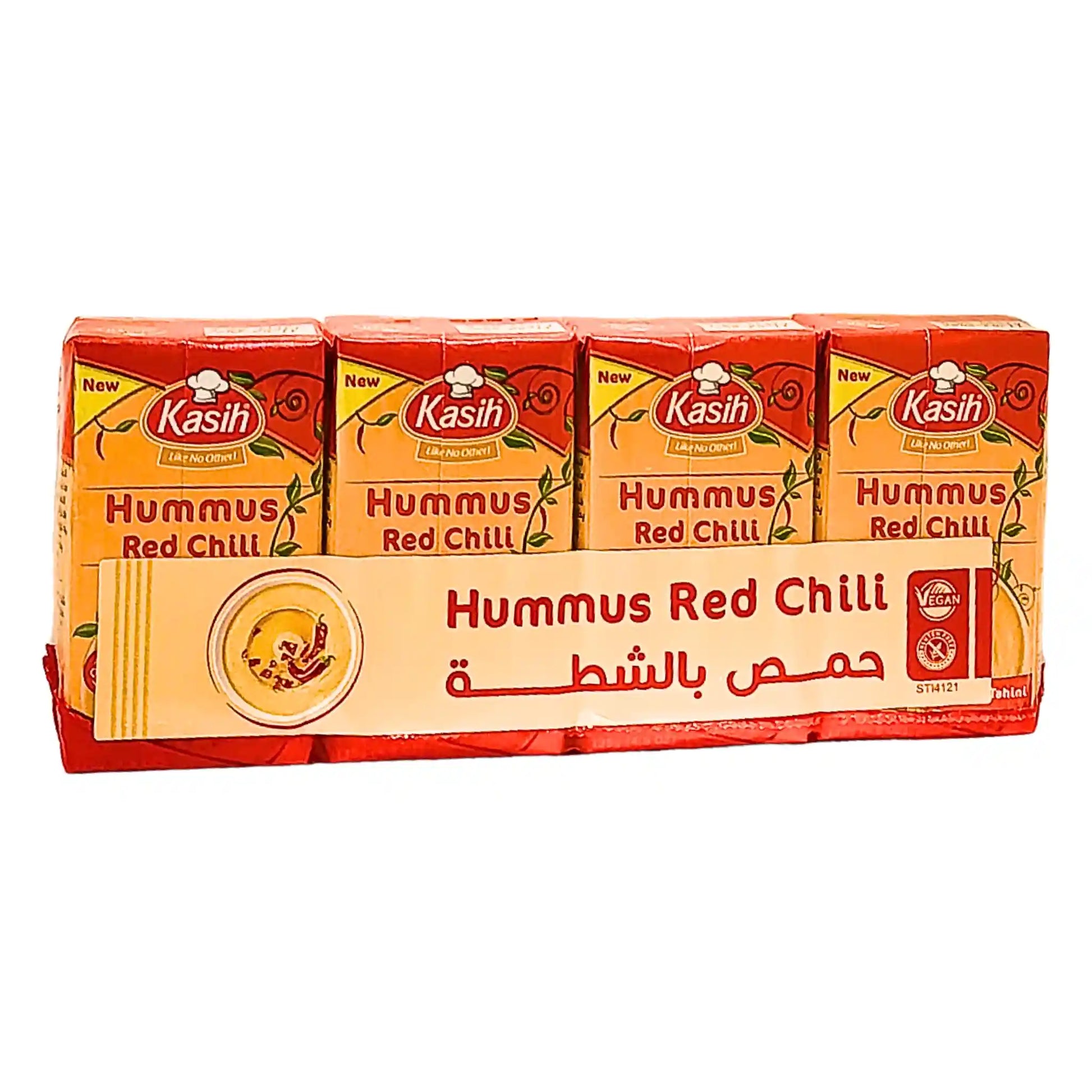 Fyrapack Kasih hummus med chili, orientalisk vegansk smårätt i röda förpackningar