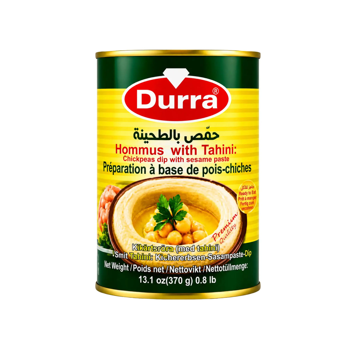 Durra hummus med tahini i grön-gul metallburk med etikett