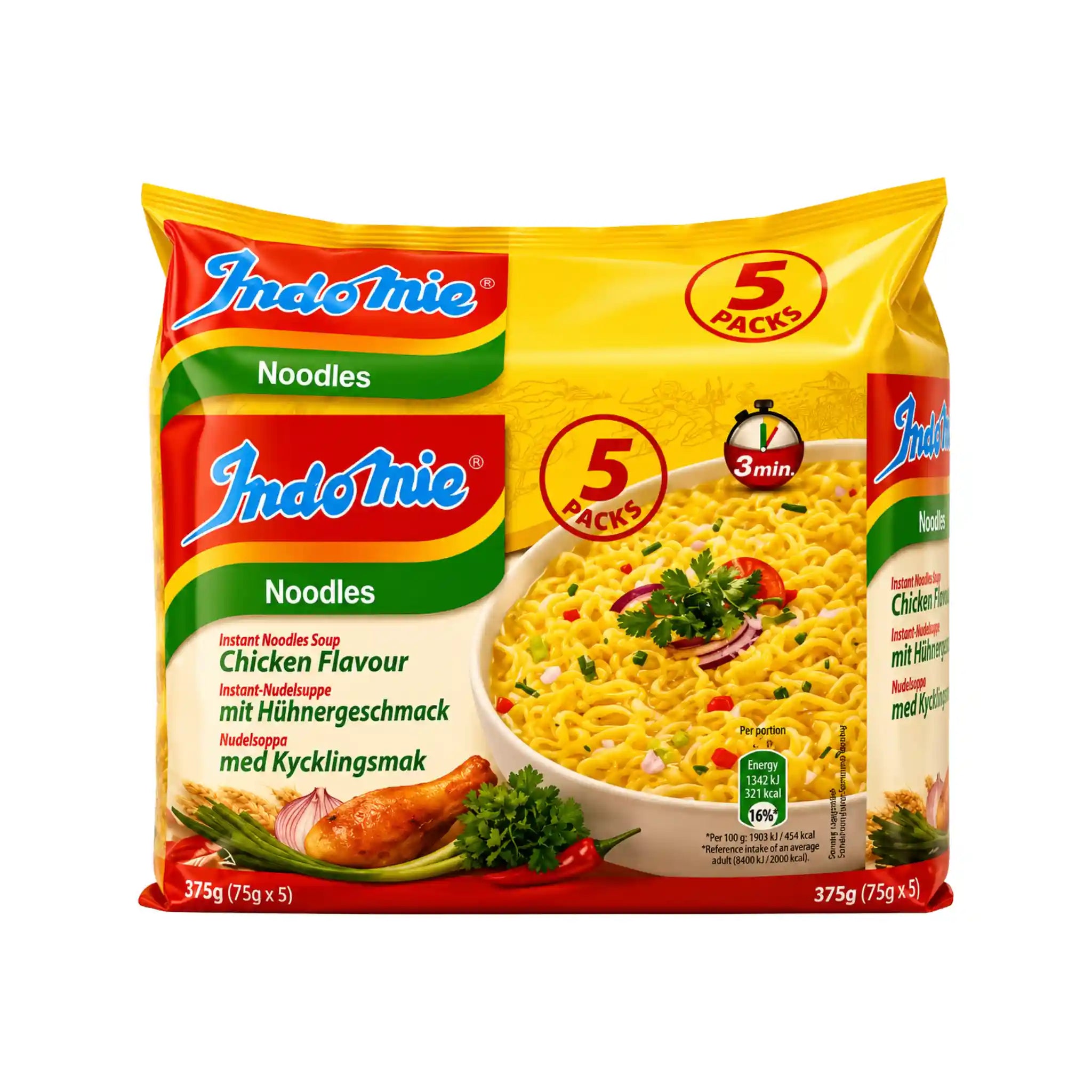 Indomie kycklingnudlar, instant noodles i gul förpackning (5-pack, 70 g)