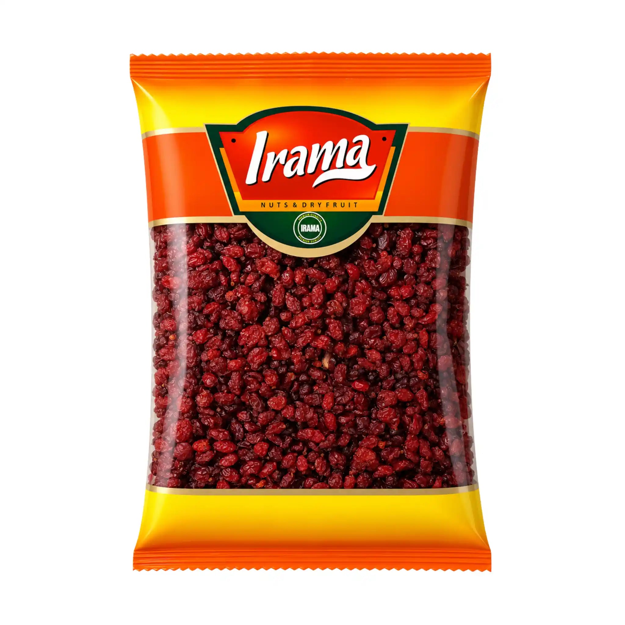 Torkade berberisbär i gul och röd förpackning, Irama 300 g