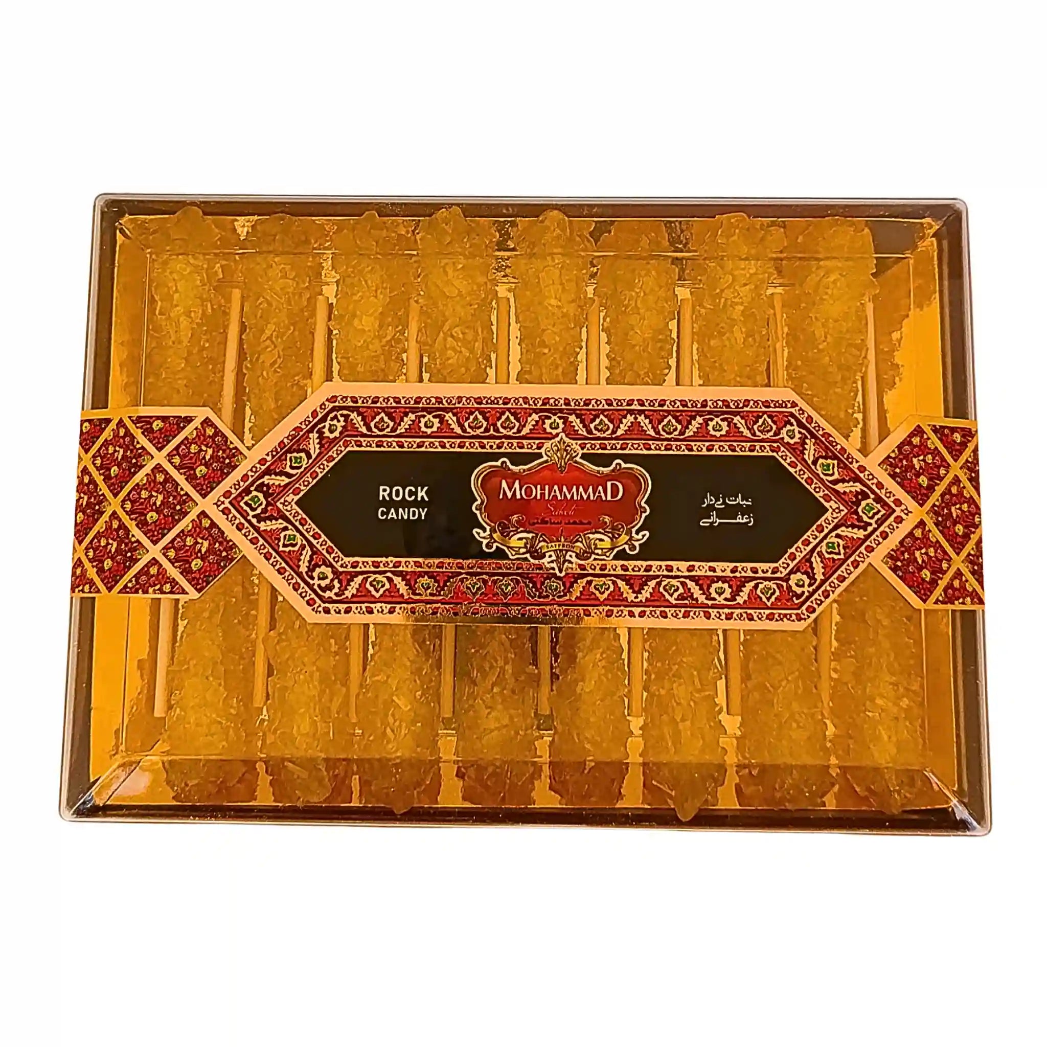 Ask med iransk saffranskandisocker på pinnar, traditionell förpackning.