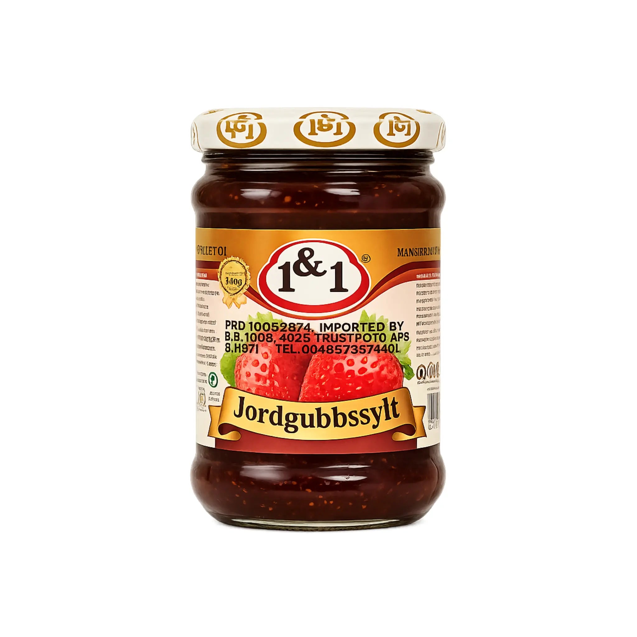 Jordgubbssylta i glasburk, 1&1, rödbrun sylt