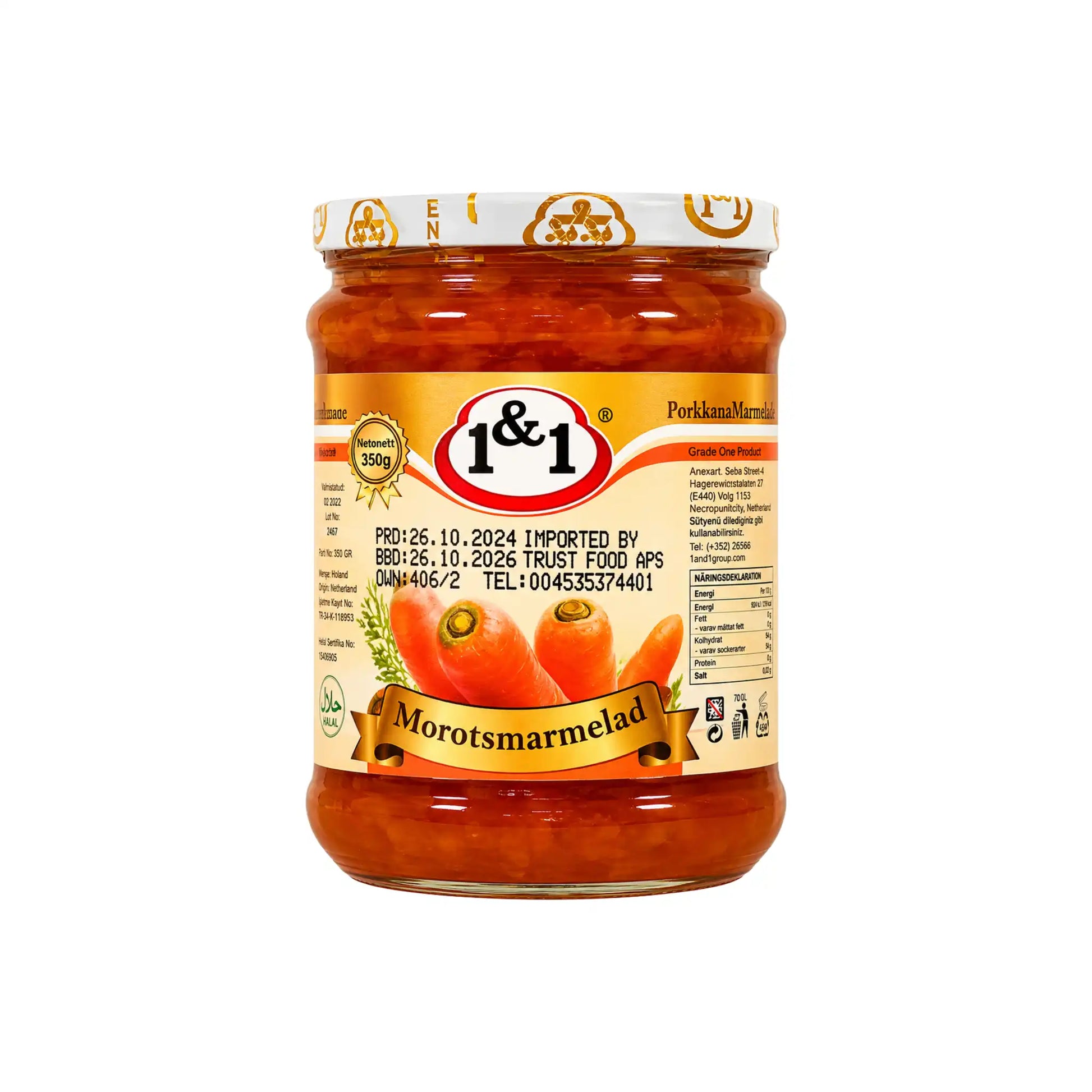 1&1 morotsmarmelad i glasburk med orange etikett, 350 g
