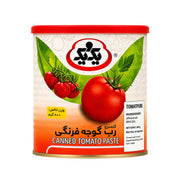 Tomatpuré i burk med rött lock och etikett med tomater