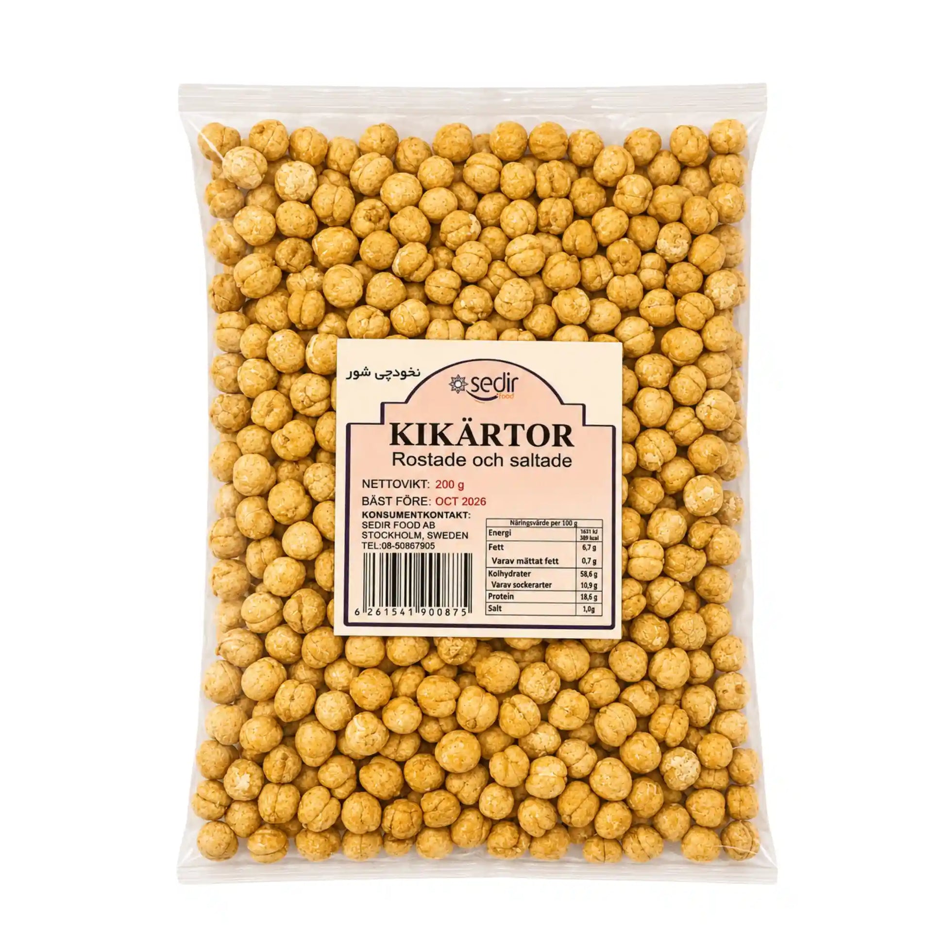Rostade, saltade kikärtor i påse med etikett 'sedir'