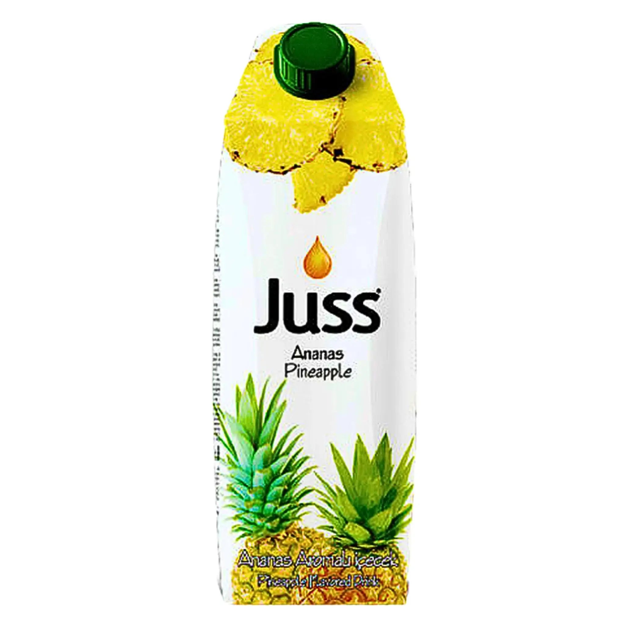 Juss ananasjuice 1L i förpackning med ananasmotiv, exotisk fruktdryck.