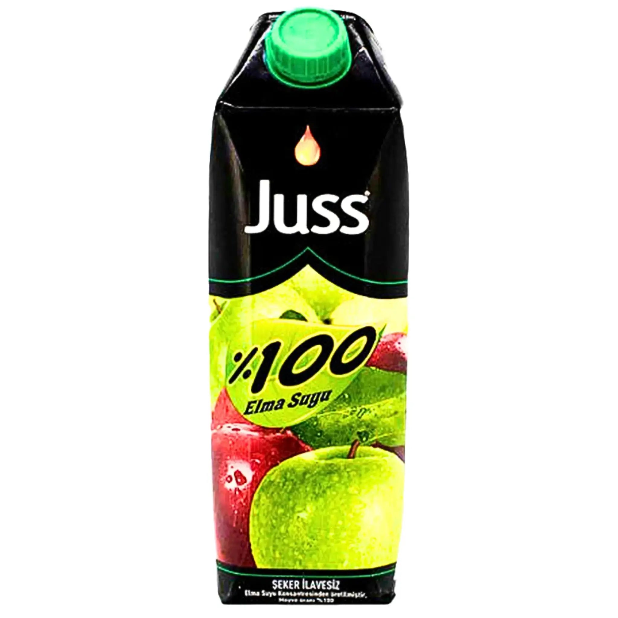 Juss äppeljuice 1L förpackning med gröna och röda äpplen, 100% juice, osockrad.