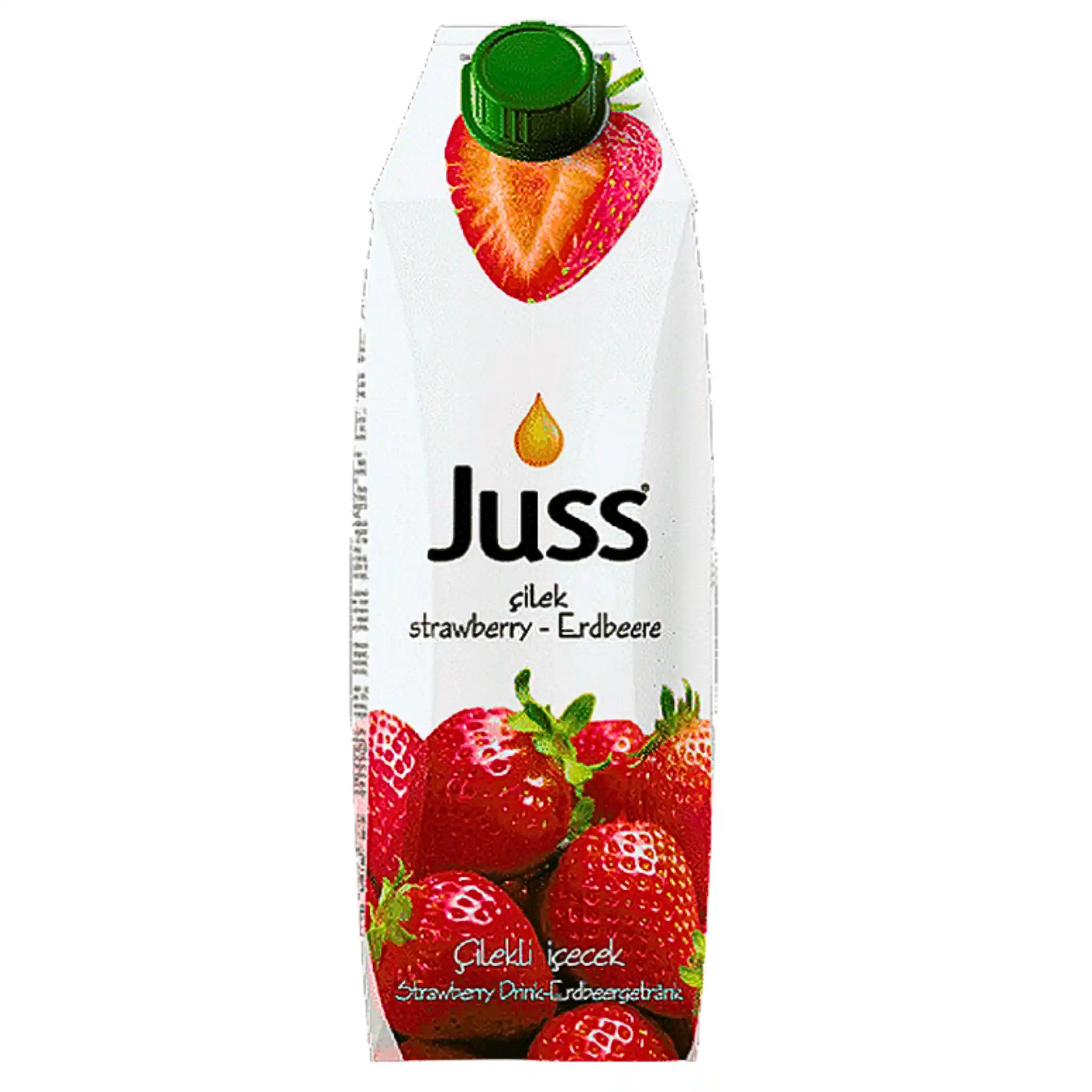 Jordgubbsjuice i 1L-förpackning med jordgubbar och grön skruvkork, fruktig dryck.