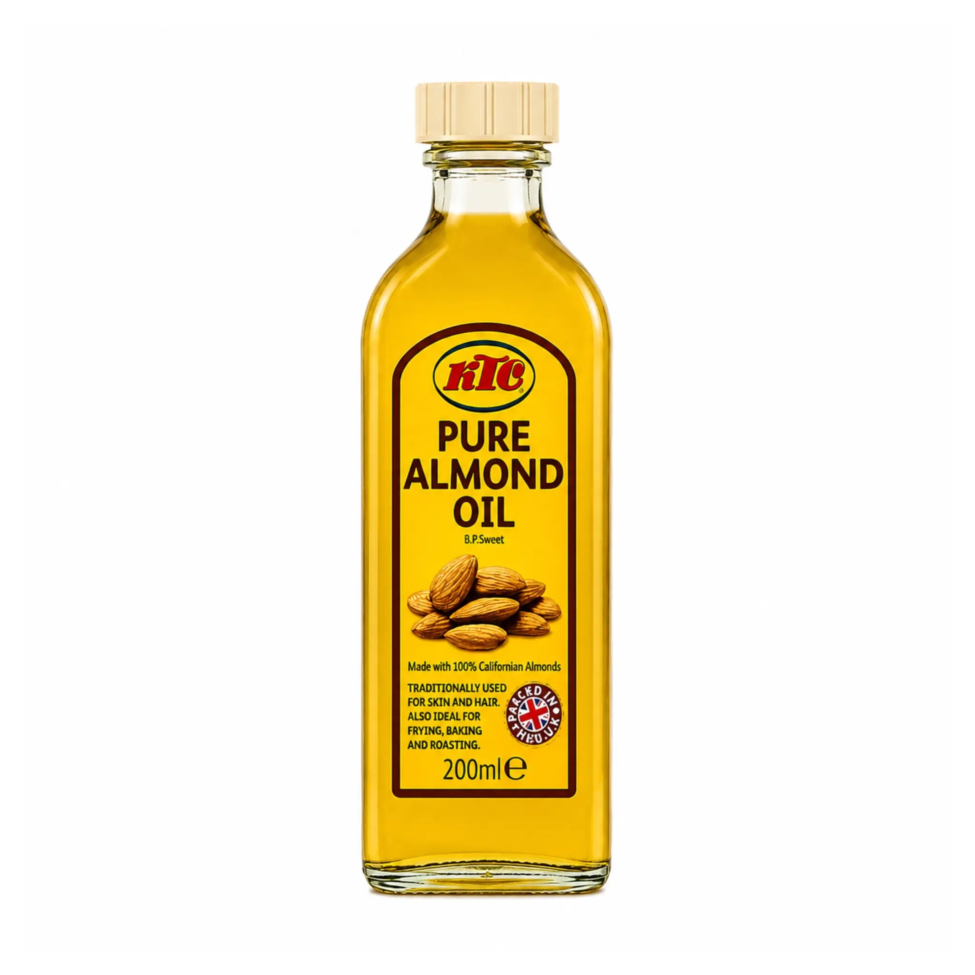 KTC mandelolja i glasflaska, 200 ml, med kork och etikett