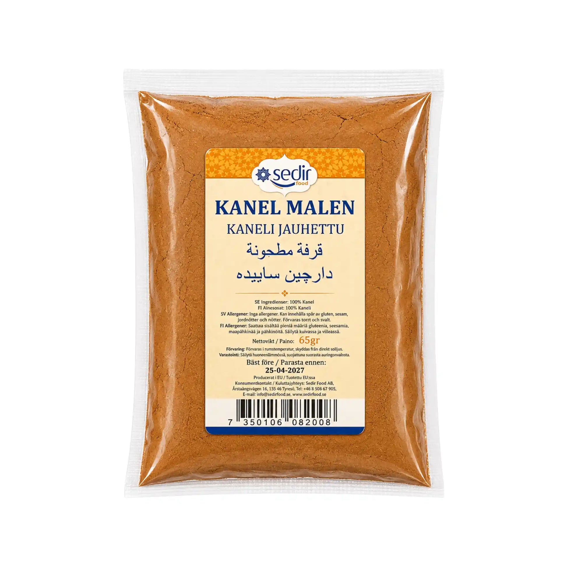 Påse med mald kanel, brun pulvermix, etikett och 65 g.