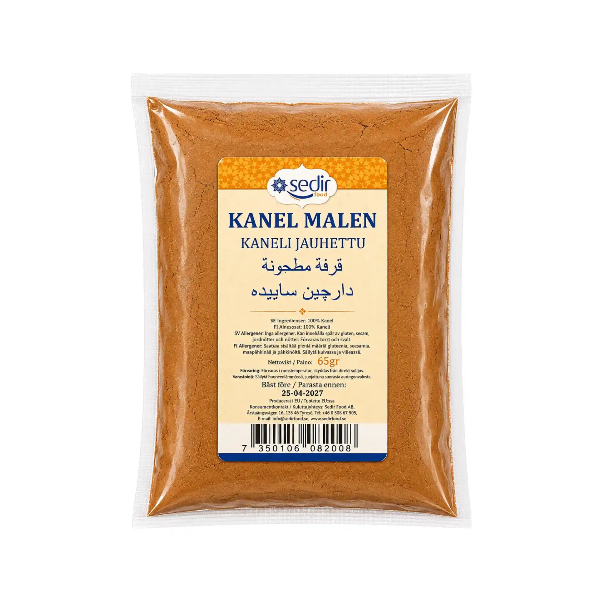 Påse med mald kanel, brun pulvermix, etikett och 65 g.