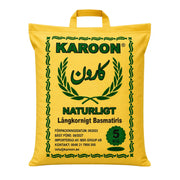 Risförpackning i gul påse med Karoon-logga och text, 5 kg basmatiris.