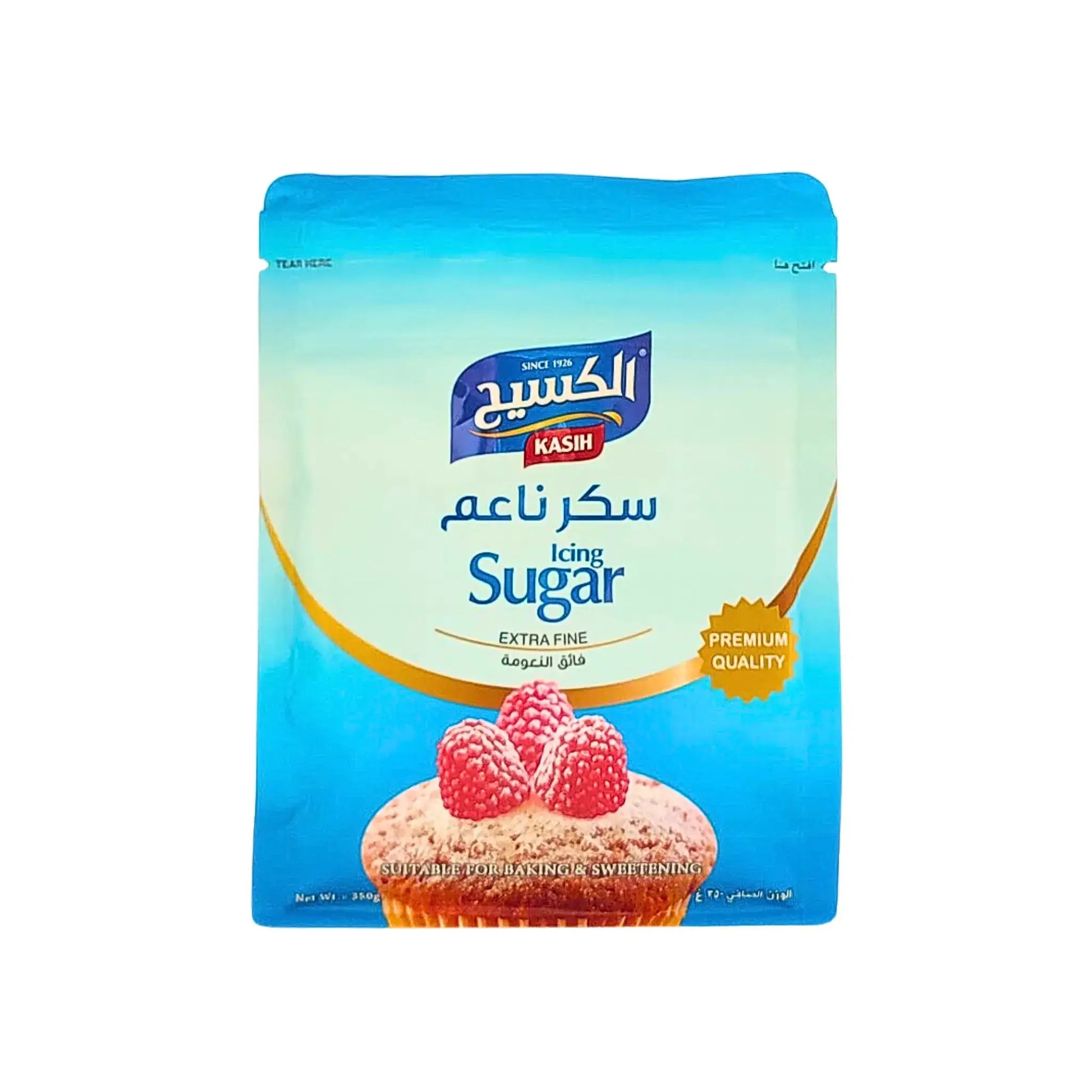 Kasih extra fin florsocker 300g påse med cupcake och hallon, bakningsprodukt.