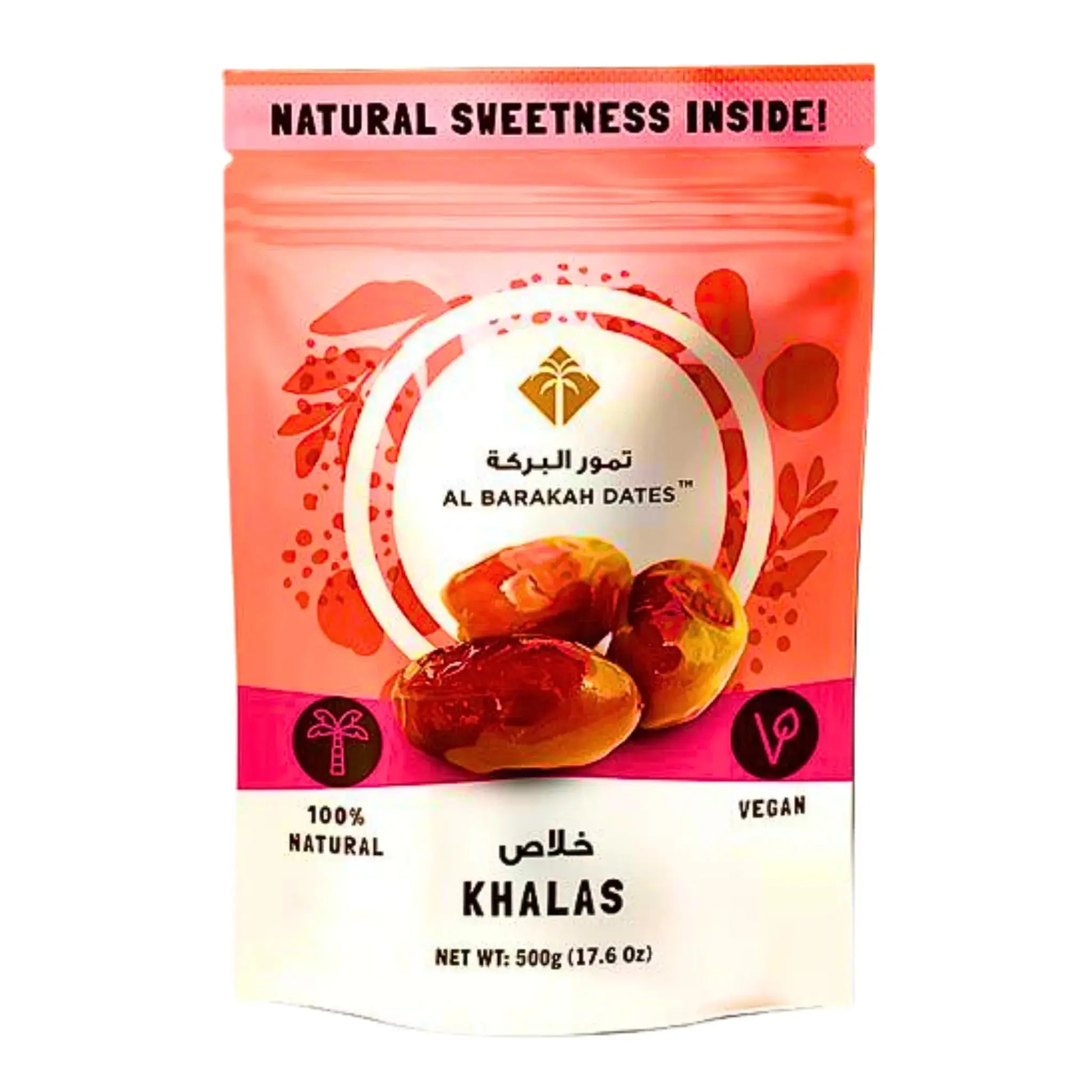 Khalas dadlar 500g i färgglad förpackning, vegan och 100% naturliga, orientaliska smaker.