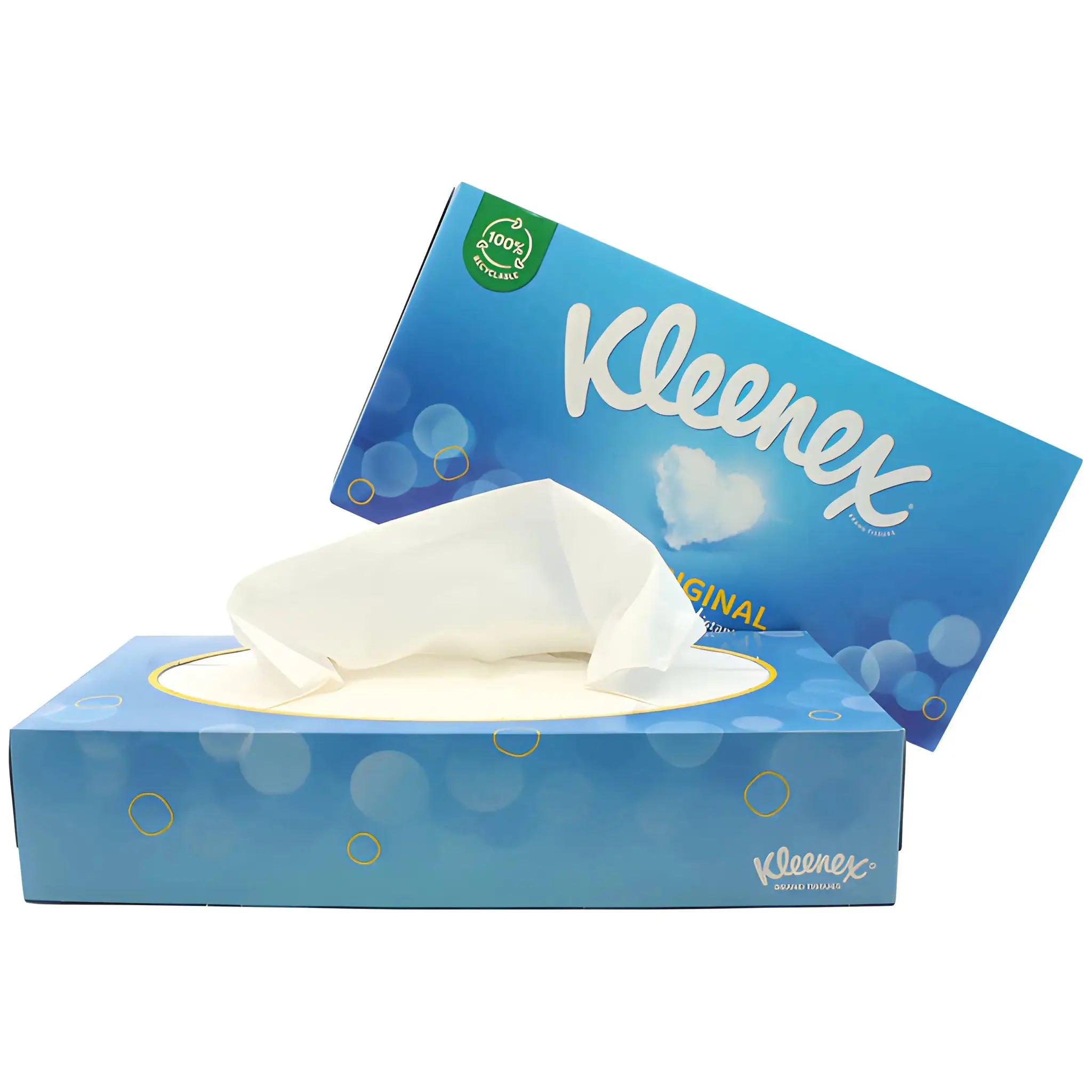 Kleenex original ansiktsservetter i blå förpackning, mjuka pappersservetter för hemmet.