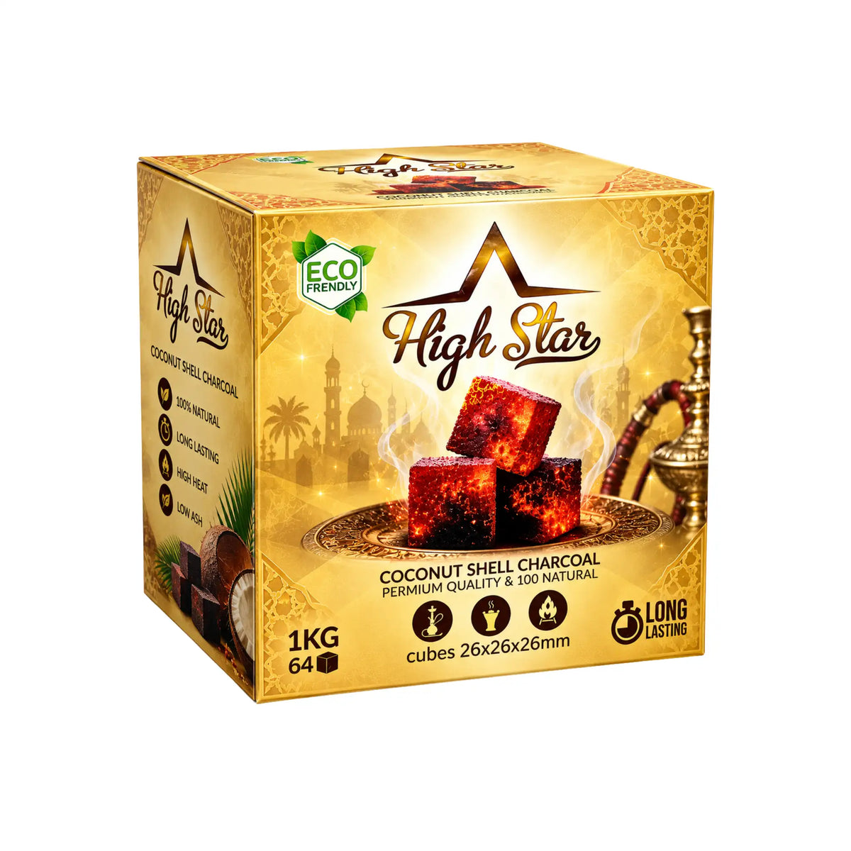 High Star-kol till vattenpipa, 1 kg, kokosnötsskal- kolkuber i låda