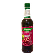 Flaska med körsbärssirap, röd etikett med körsbär, grönt lock, 420 ml.
