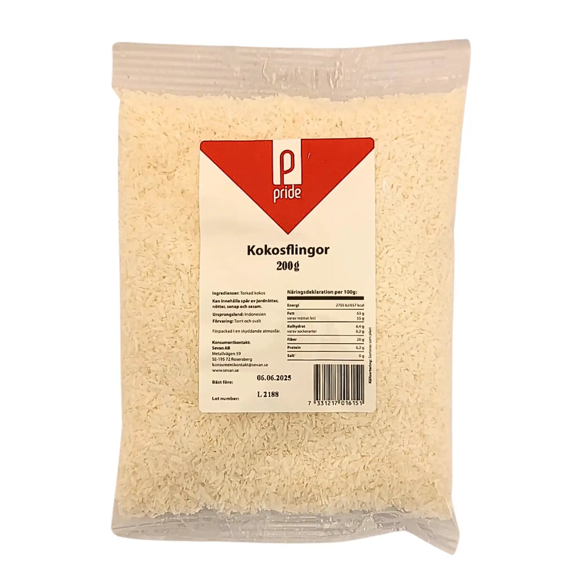 Pride kokosflingor 200g i genomskinlig plastpåse med tydlig etikett, orientalisk matvara.