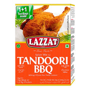 Lazzat Tandoori BBQ kryddmix, förpackning med stekt kyckling, orientaliska kryddor