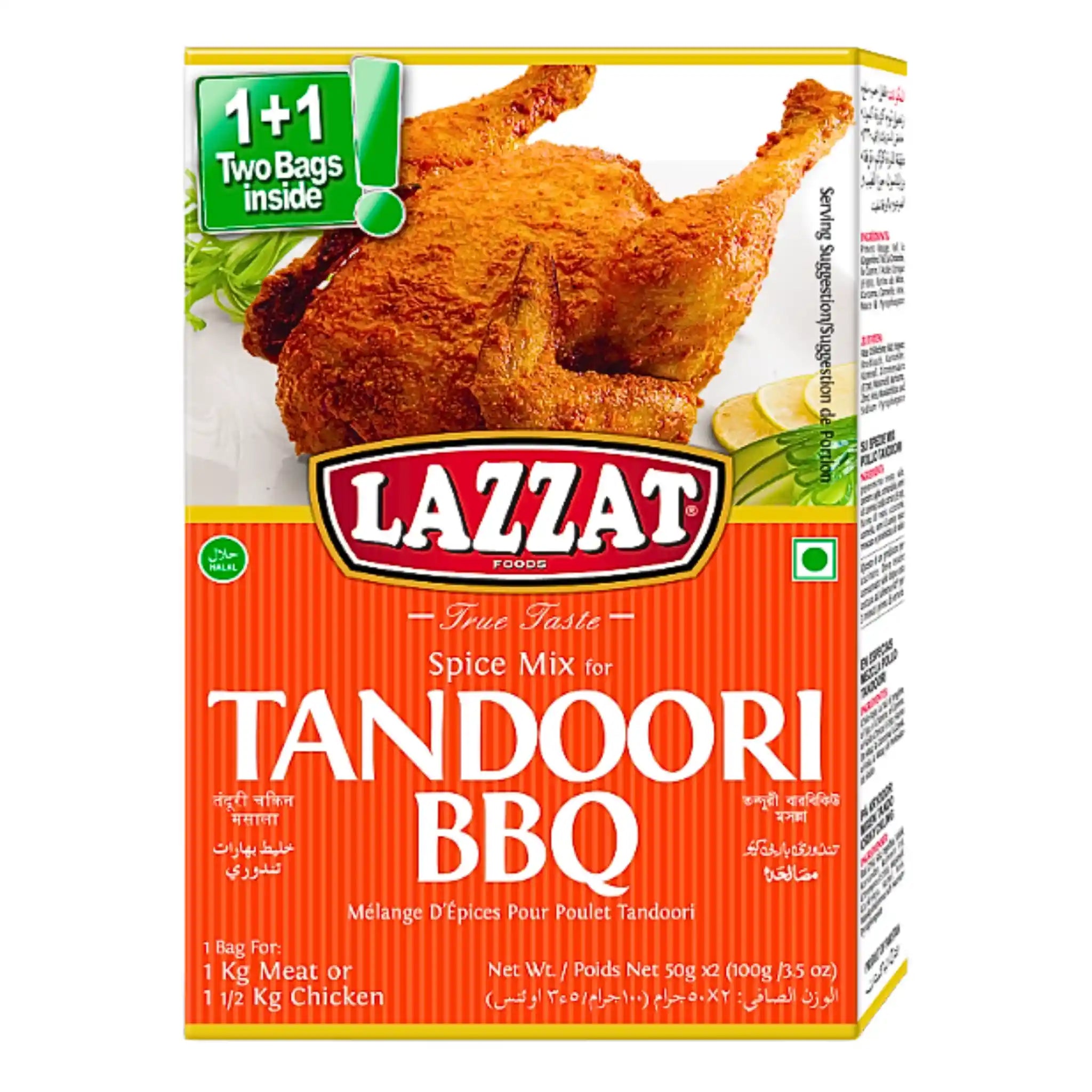 Lazzat Tandoori BBQ kryddmix, förpackning med stekt kyckling, orientaliska kryddor