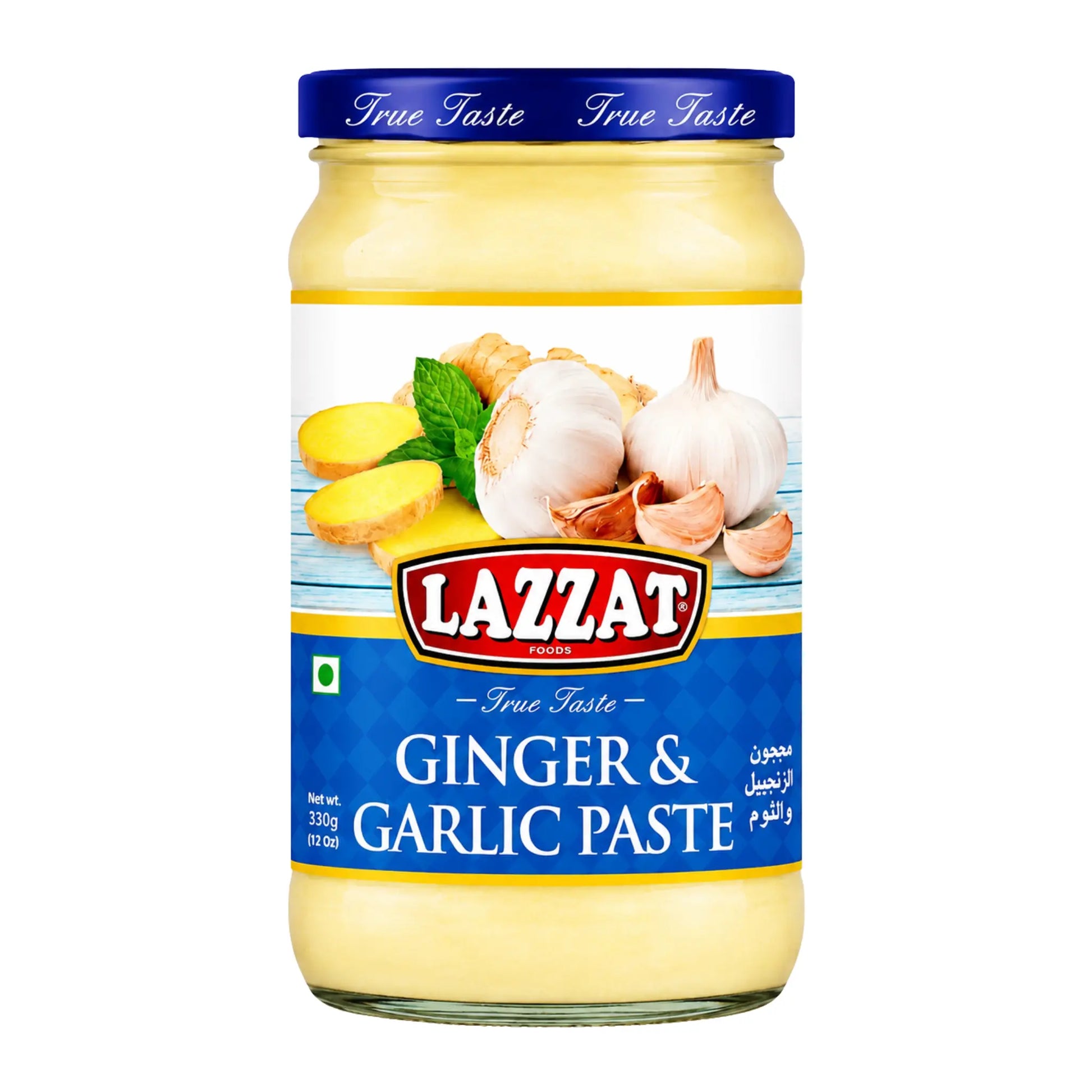 Lazzat ingefära- och vitlökspasta i glasburk med blå etikett