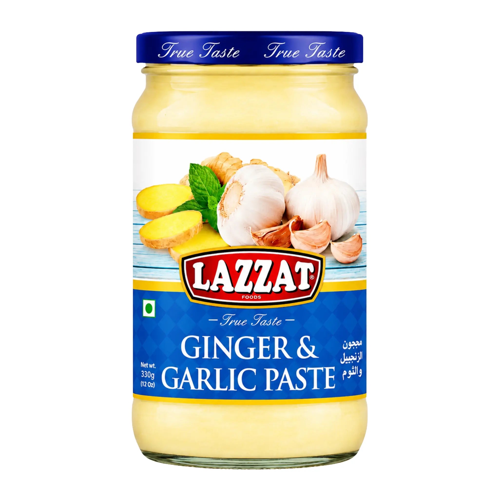 Lazzat ingefära- och vitlökspasta i glasburk med blå etikett