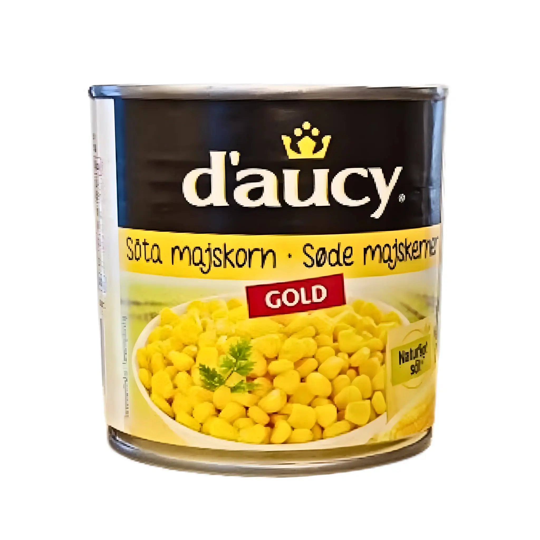 Burk med söta majskorn d'aucy, gul etikett, bild på gula majskorn, text GOLD