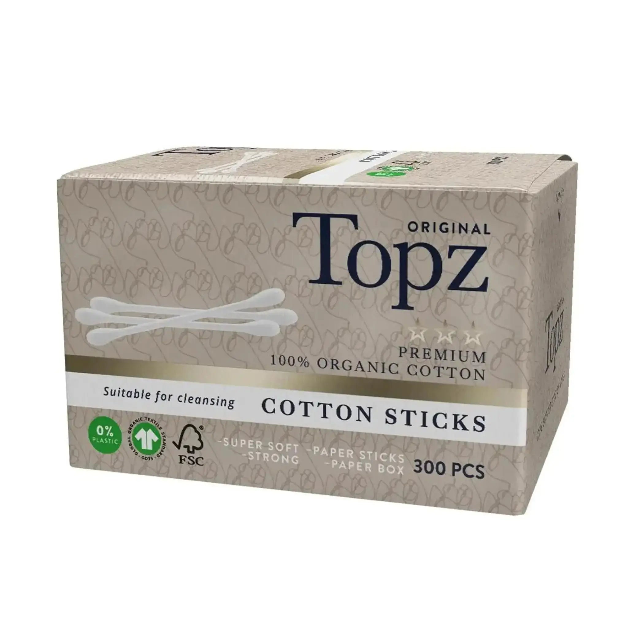 Topz bomullspinnar i kartong, 100% ekologisk bomull, 300 st, miljövänliga tops