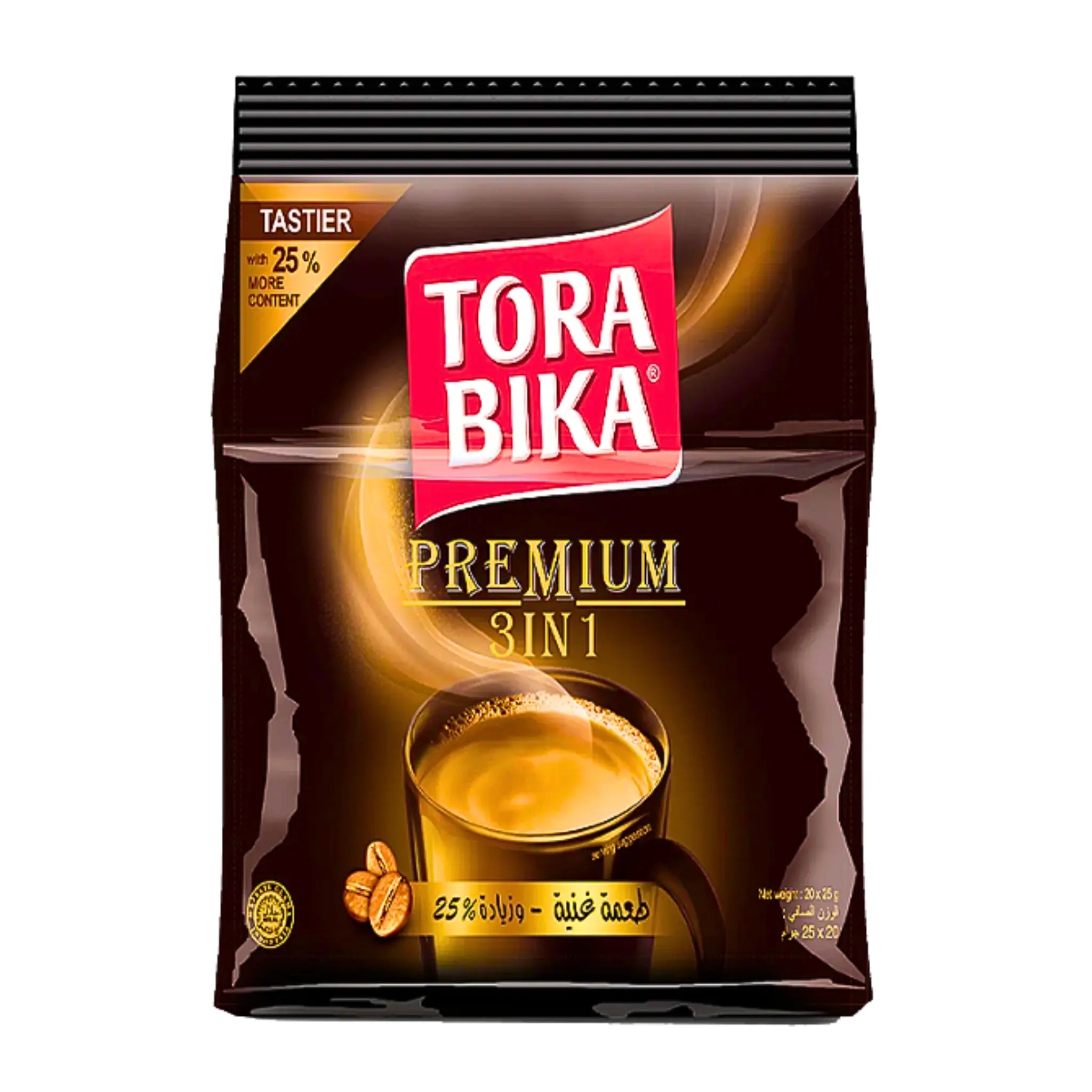 Kaffe Tora Bika Premium 3in1 i mörkbrun påse med tydlig logotyp