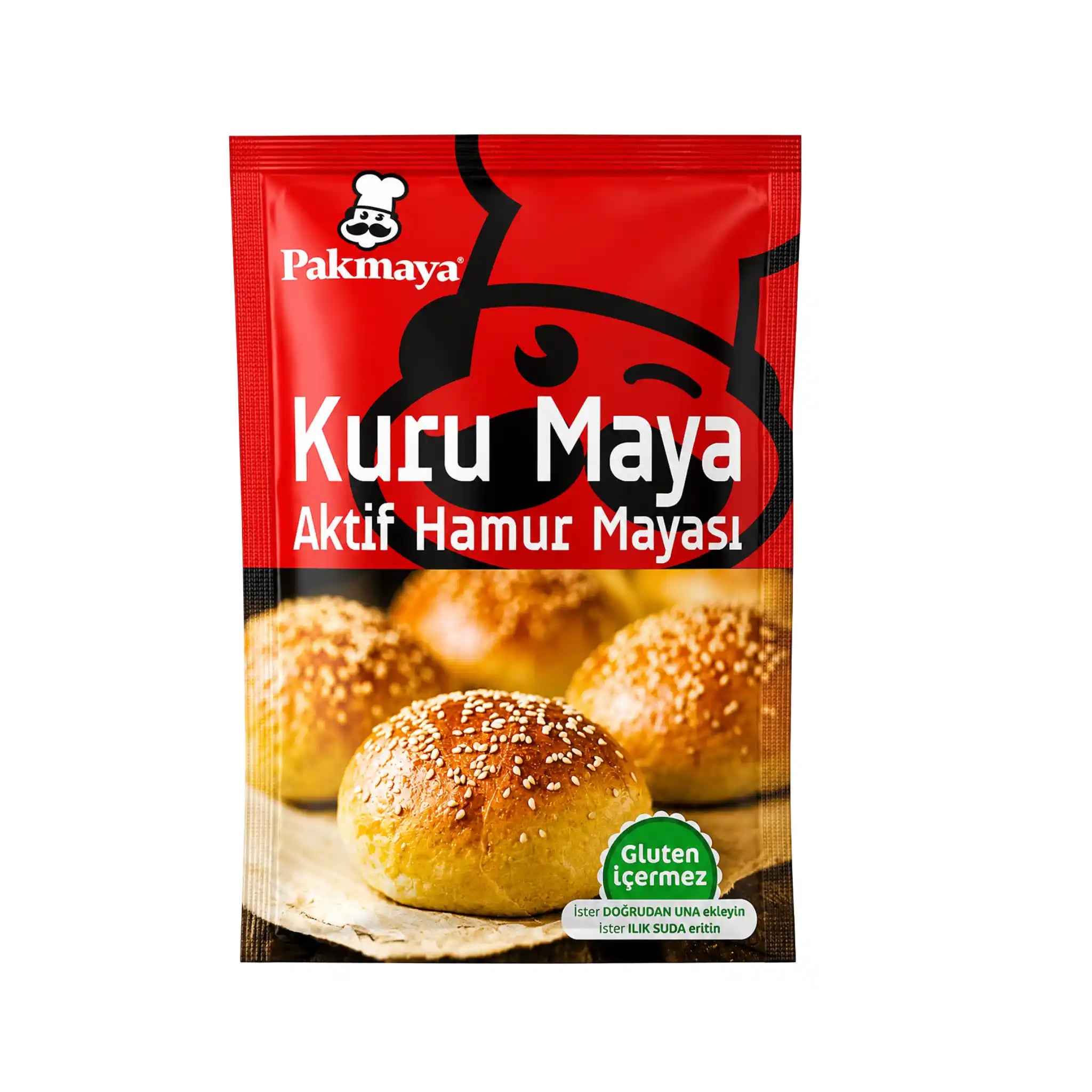 Jästpulverpåse Pakmaya Kuru Maya, röd förpackning med brödillustration