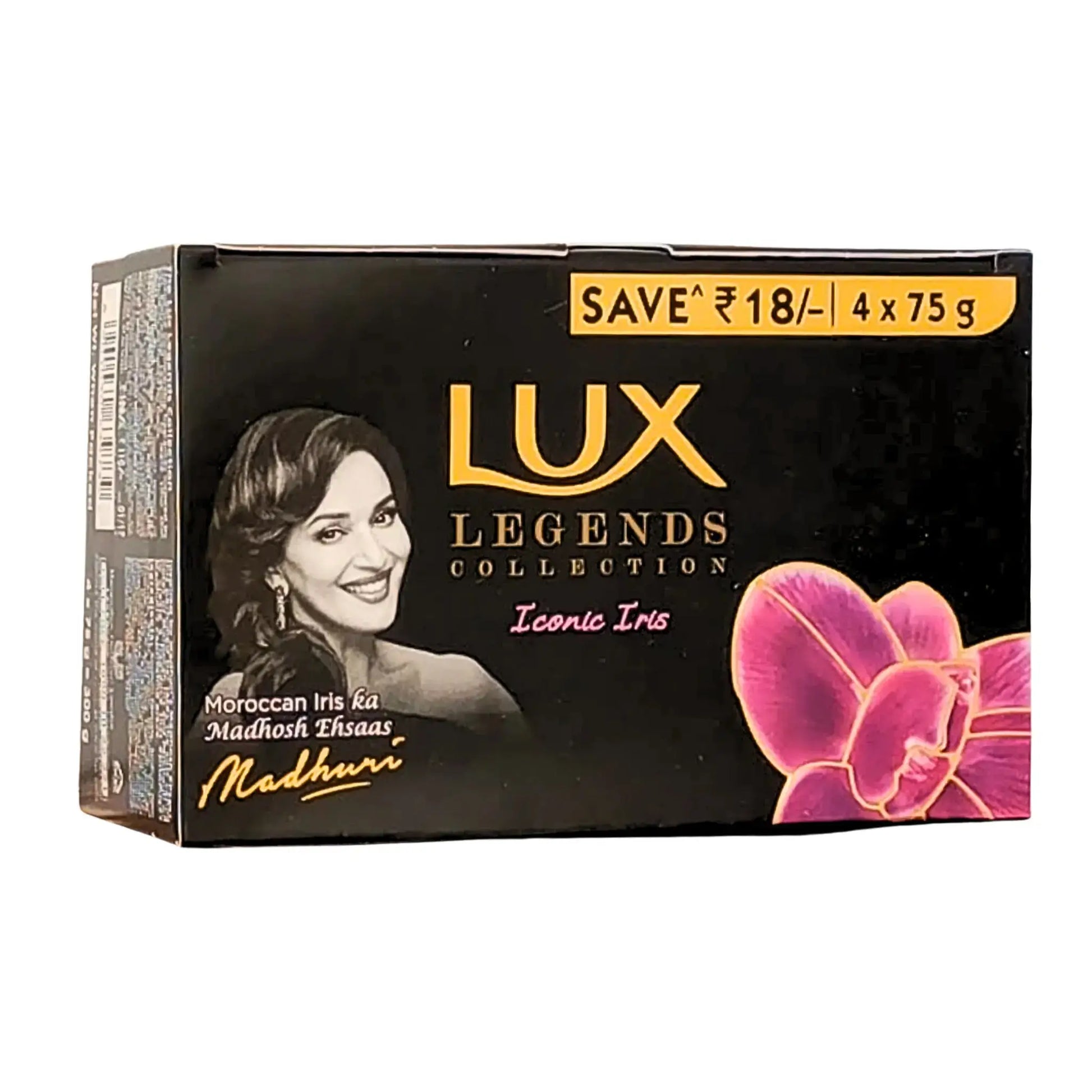 Lux Legends Iconic Iris tvål 4x75g svart kartong med lila blomma och porträtt på kvinna
