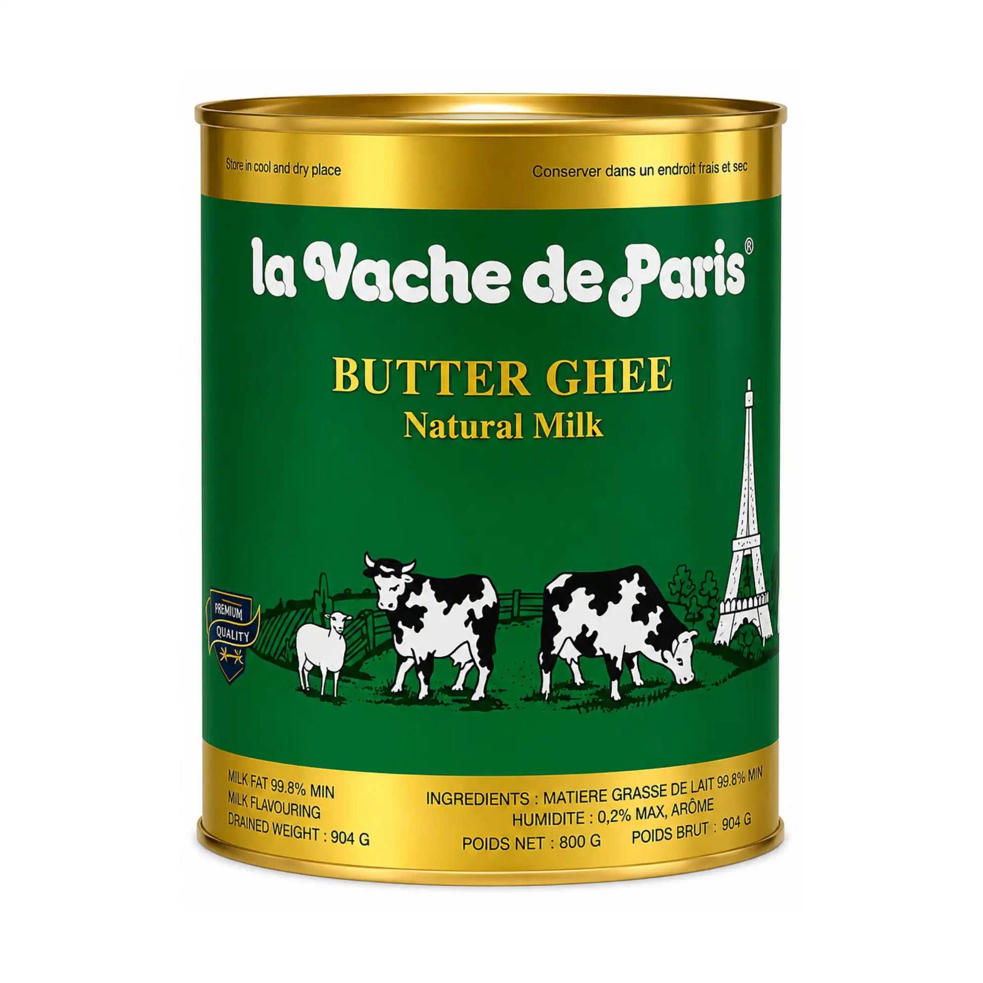 Smör La Vache de Paris ghee i grön och gul förpackning med lock