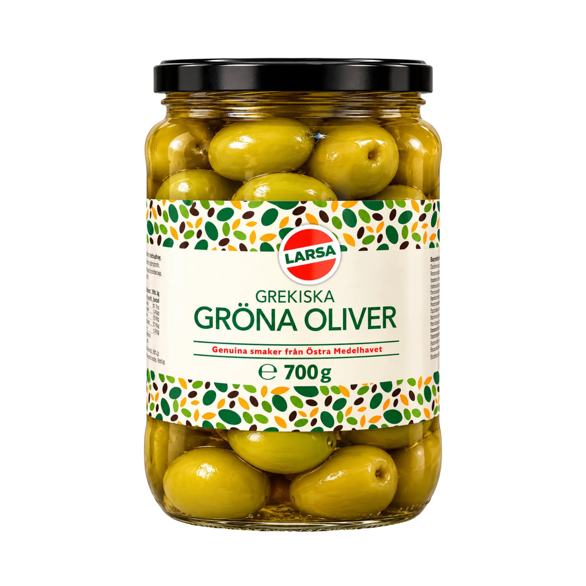 Glasburk med Larsa Gröna Grekiska Oliver i saltlag 700g