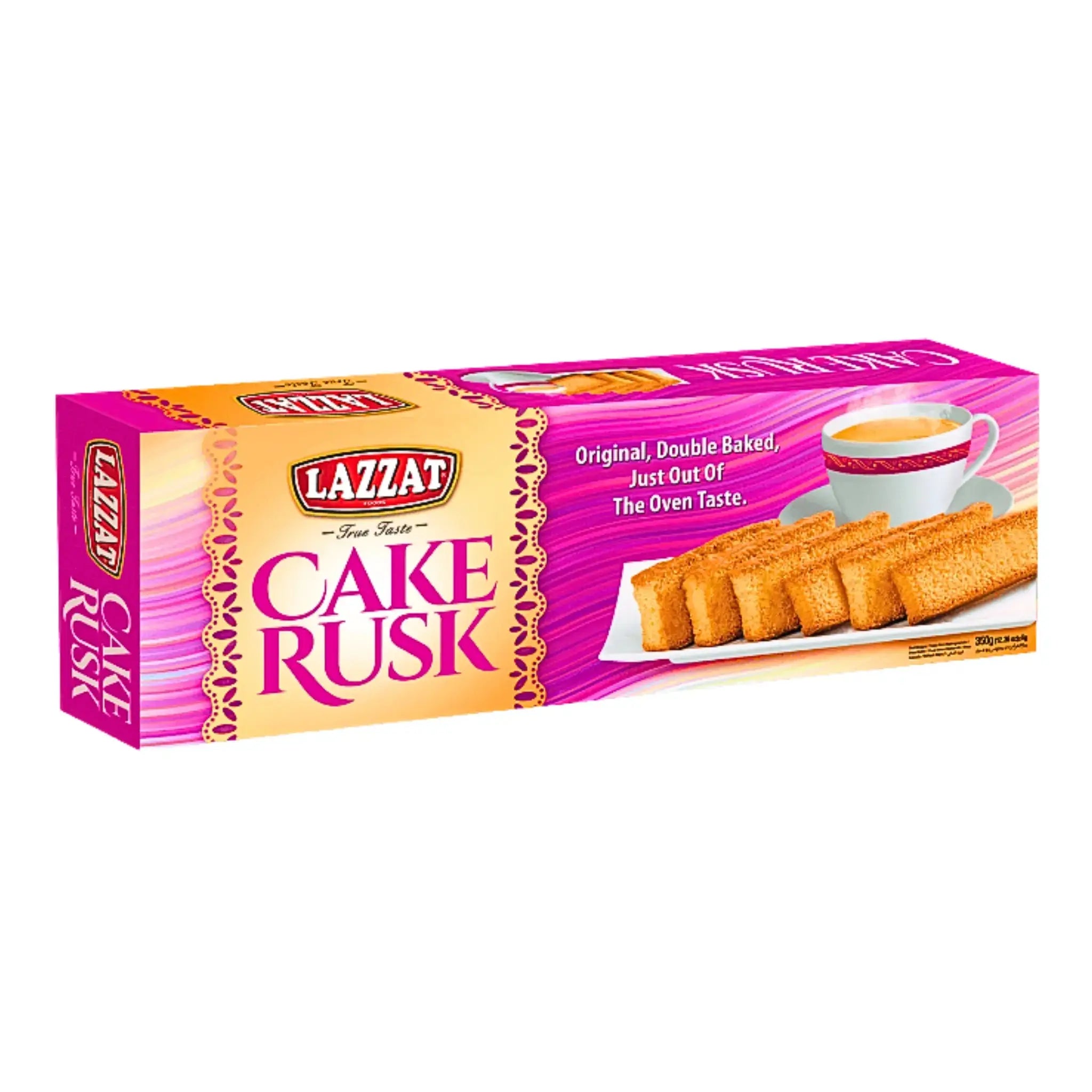 Kakförpackning med Cake Rusk skorpor, serverade på fat med kopp te, orientaliska bakverk
