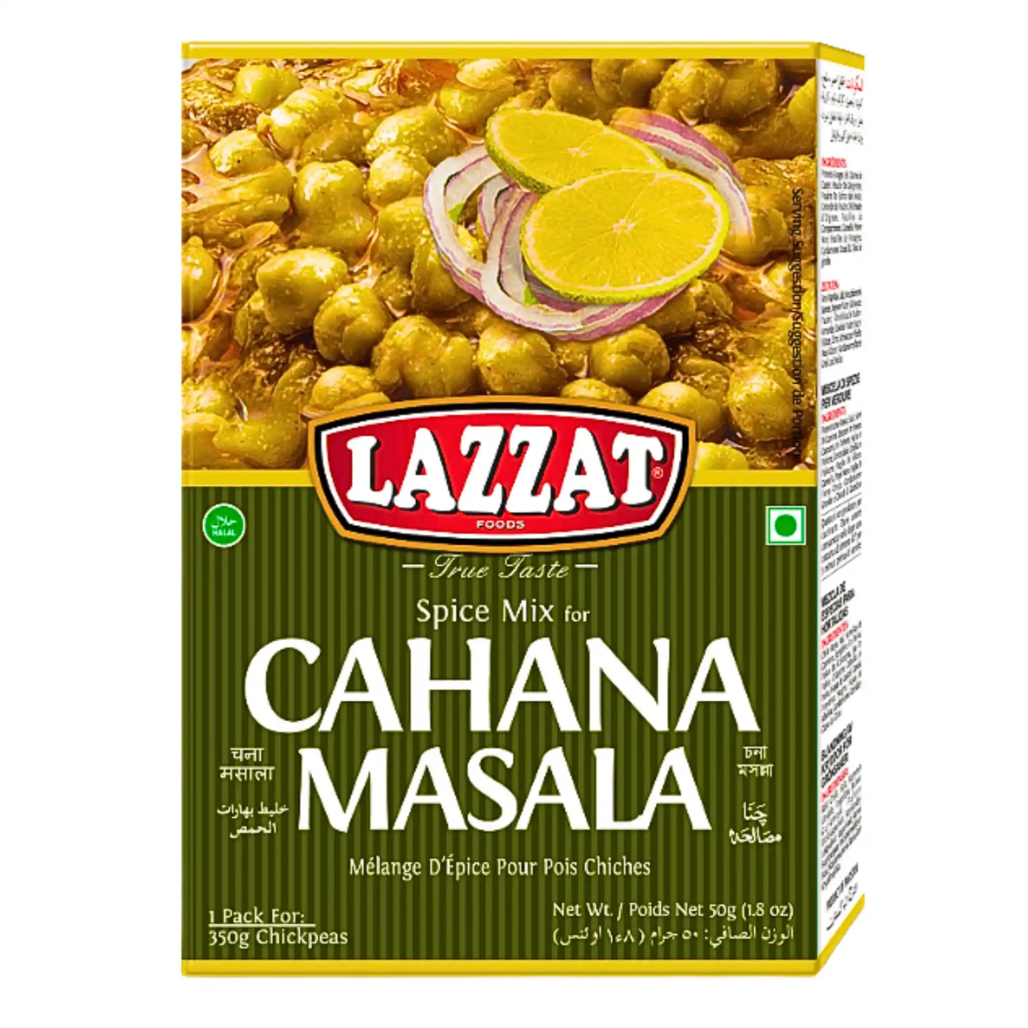 Lazzat Chana Masala kryddmix 100g för kikärtsgryta, färgglad förpackning med citron och lök