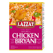 Lazzat kryddblandning för chicken biryani, förpackning med ris och kycklingbild.