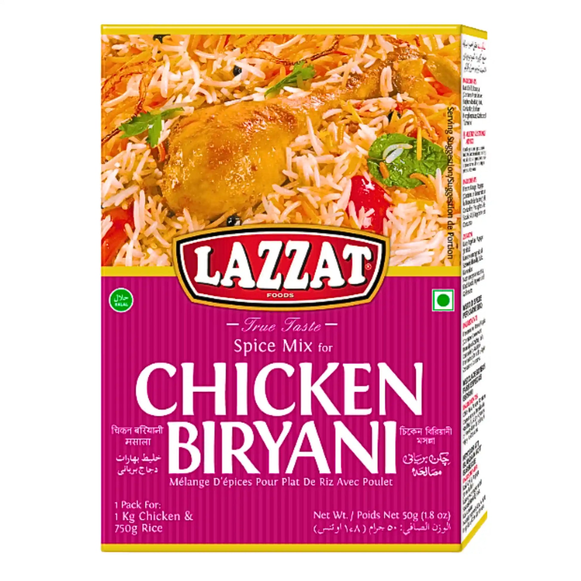 Lazzat kryddblandning för chicken biryani, förpackning med ris och kycklingbild.