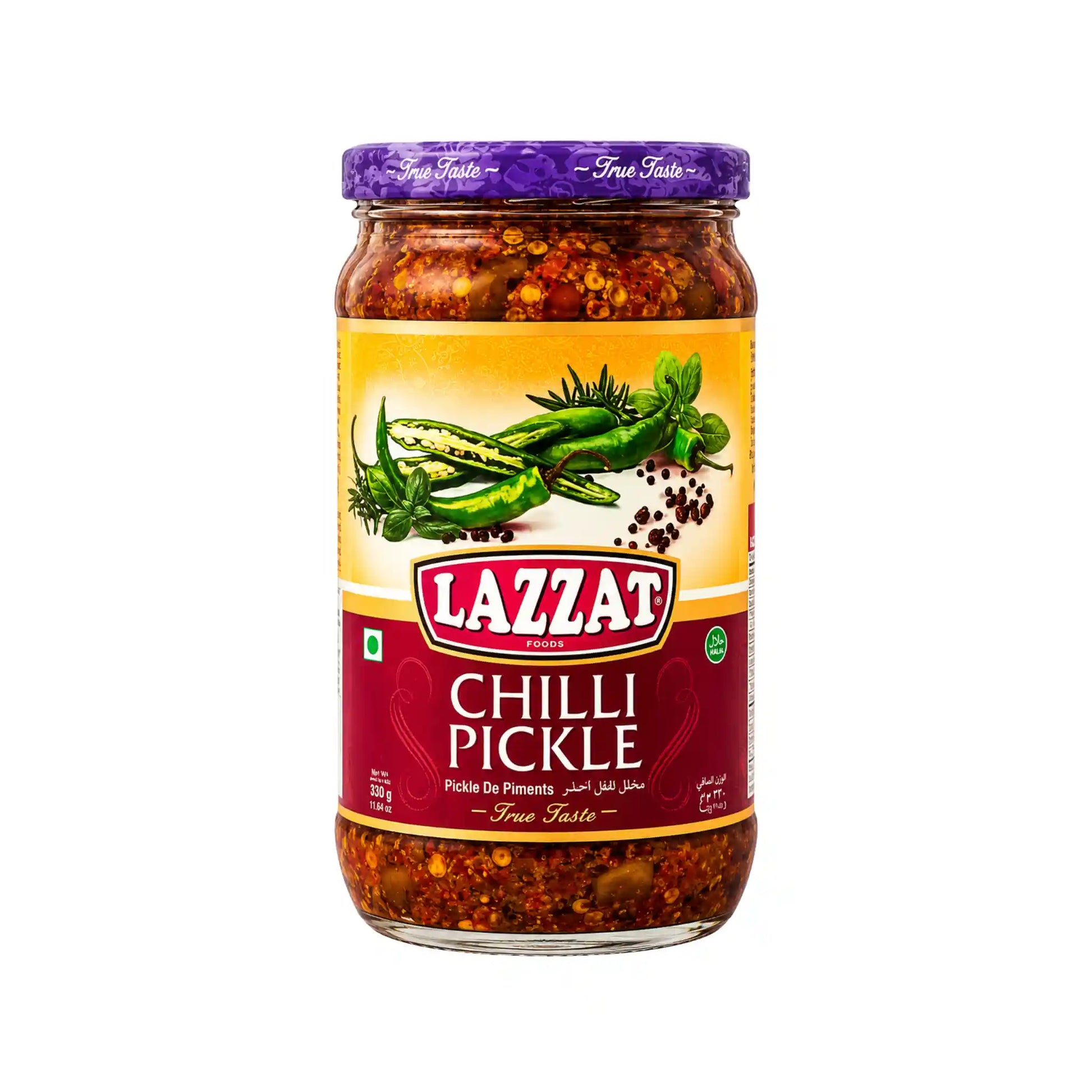 Glasburk med Lazzat chiligruka i olja, etikett med chilipeppar