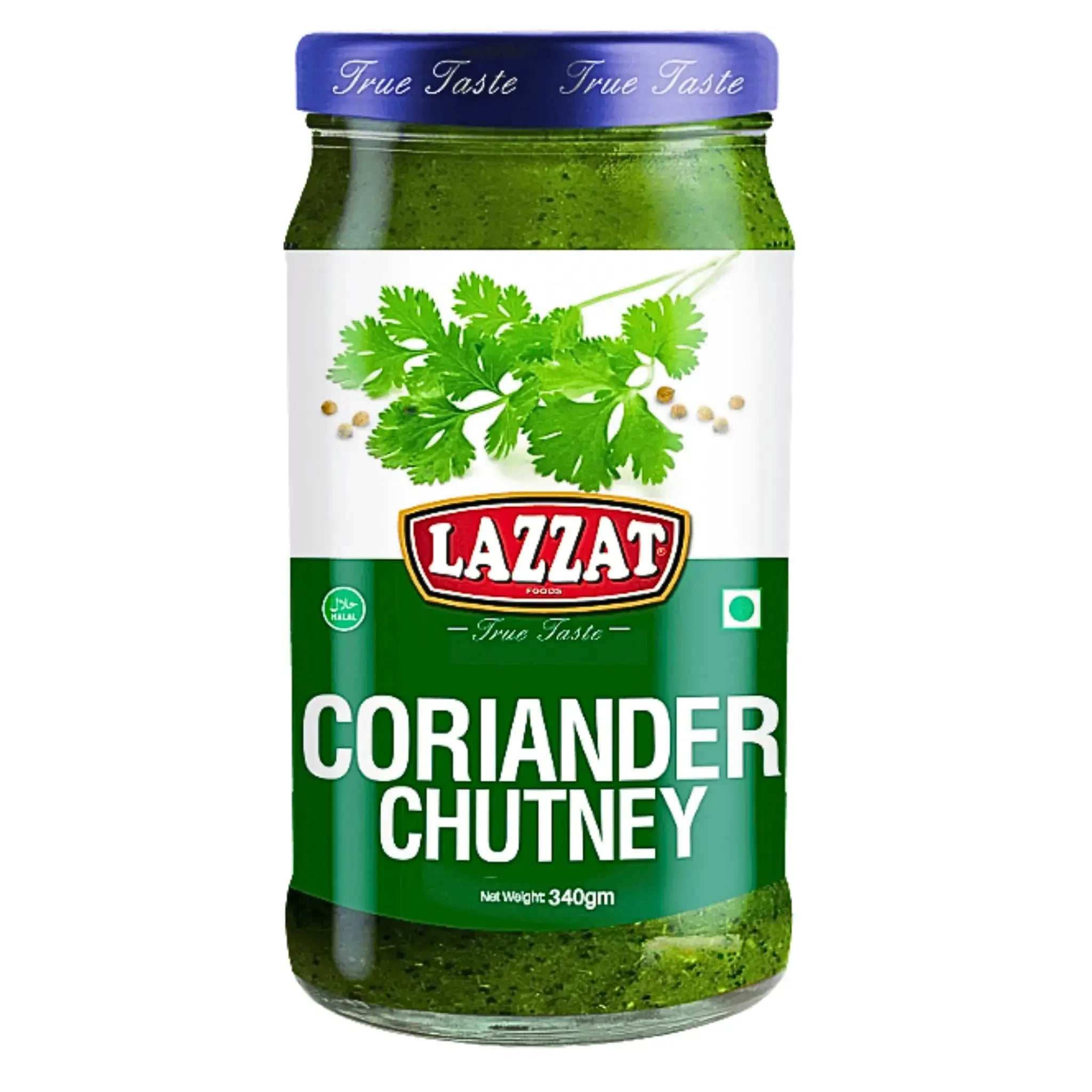 Glasburk med grön korianderchutney, etikett med korianderblad och texten 'Coriander Chutney'.