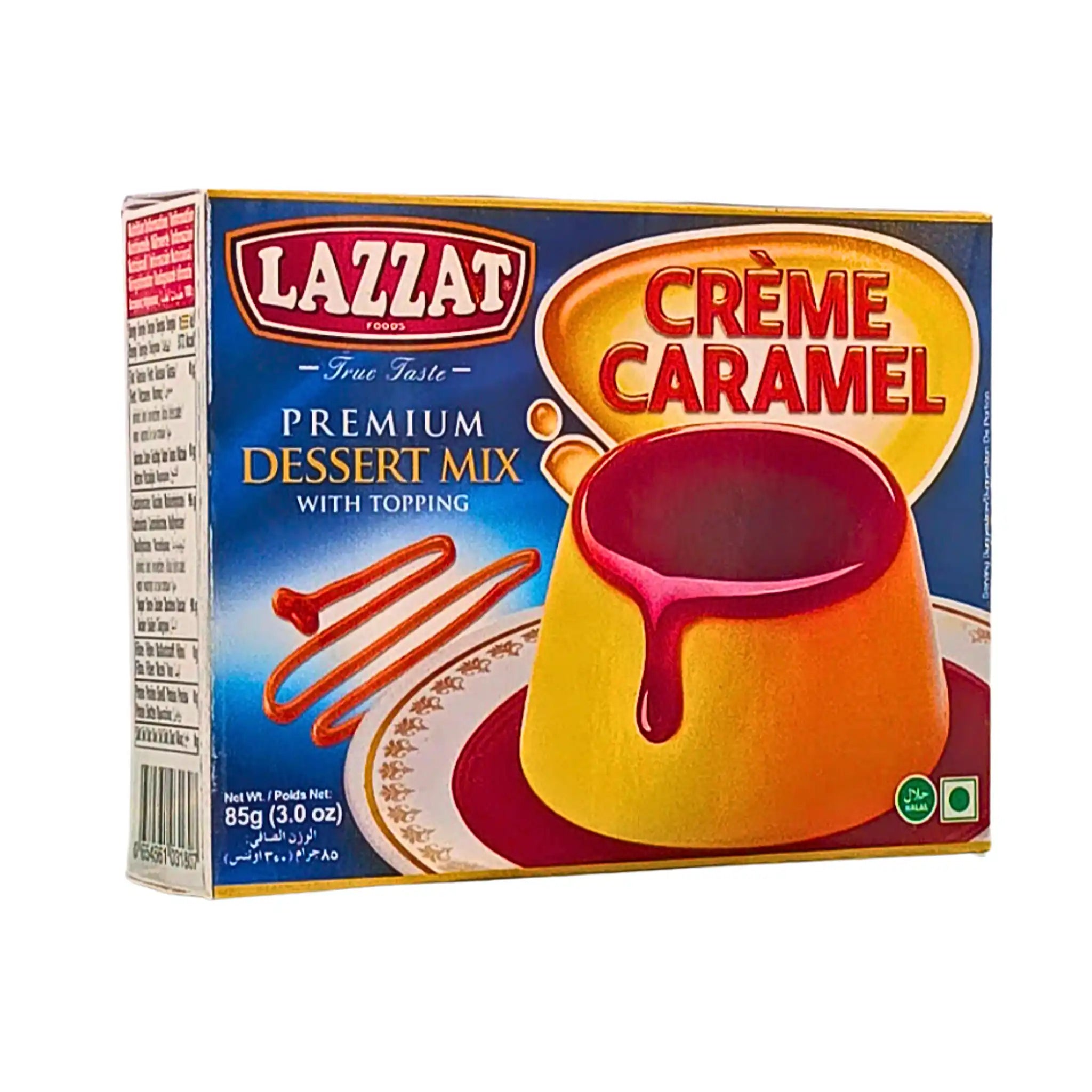 Lazzat Crème Caramel efterrättsmix 85g med karamellsås, orientalisk dessert på förpackning
