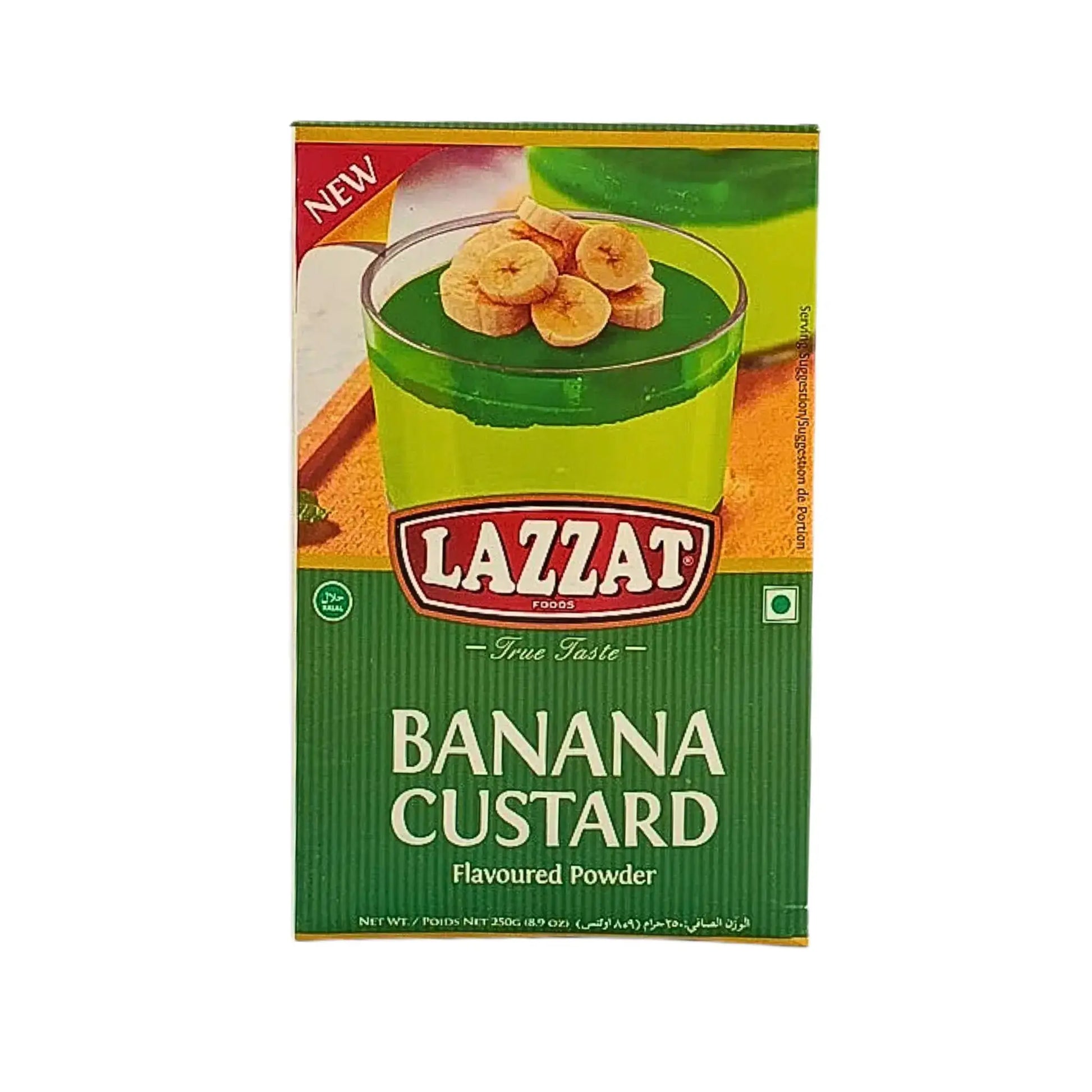 Lazzat banana custardpulver 250g för dessert, grönt förpackning med bild på banankräm