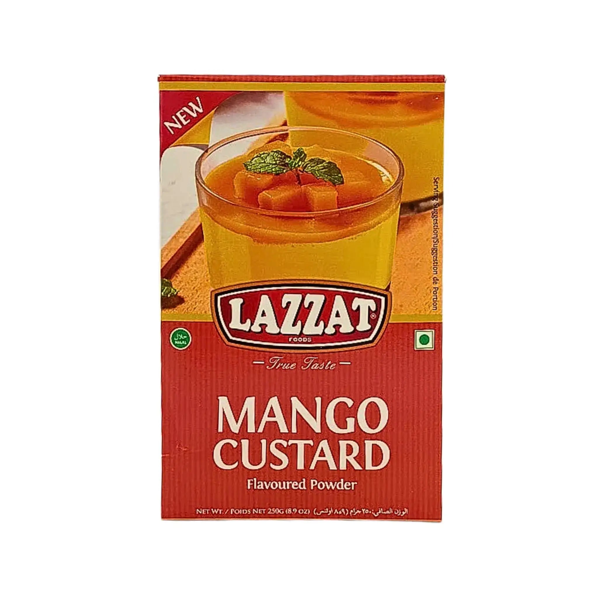 Lazzat mango vaniljsåspulver 250g för dessert, röd förpackning med glas och mango.