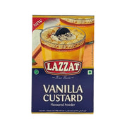 Lazzat vaniljkräm pulver 250g, förpackning med bild på dessert och text på framsidan.