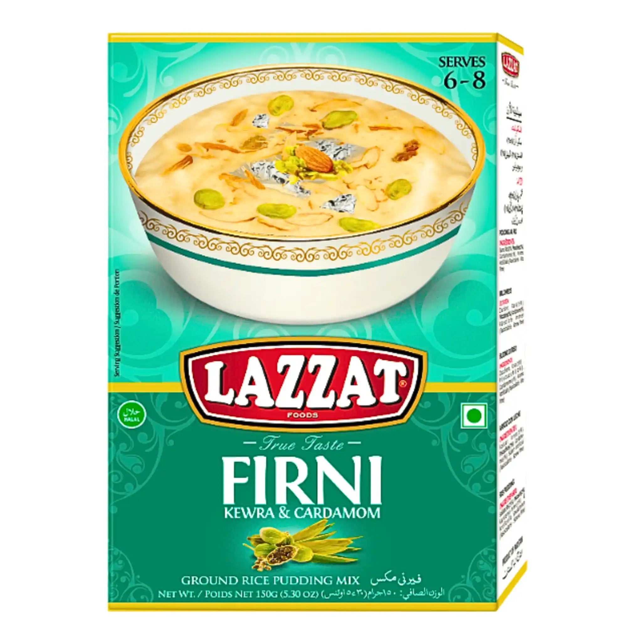 Firni puddingmix med kewra och kardemumma, 150g förpackning med bild på risdessert
