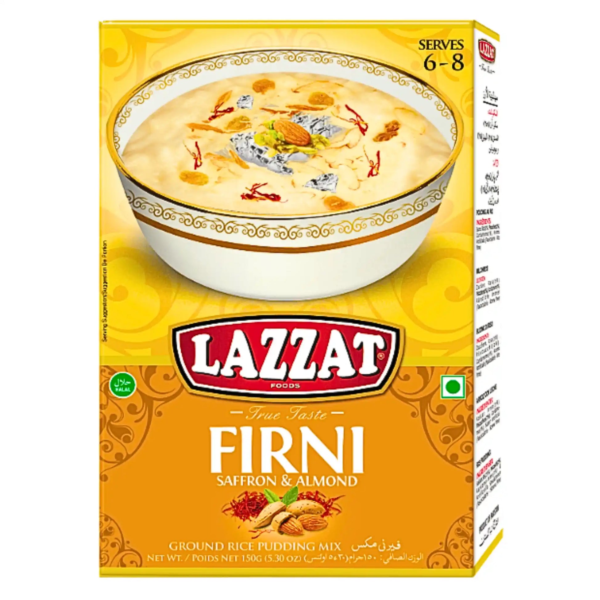 Lazzat rispuddingmix saffran och mandel, förpackning med bild på färdig dessert